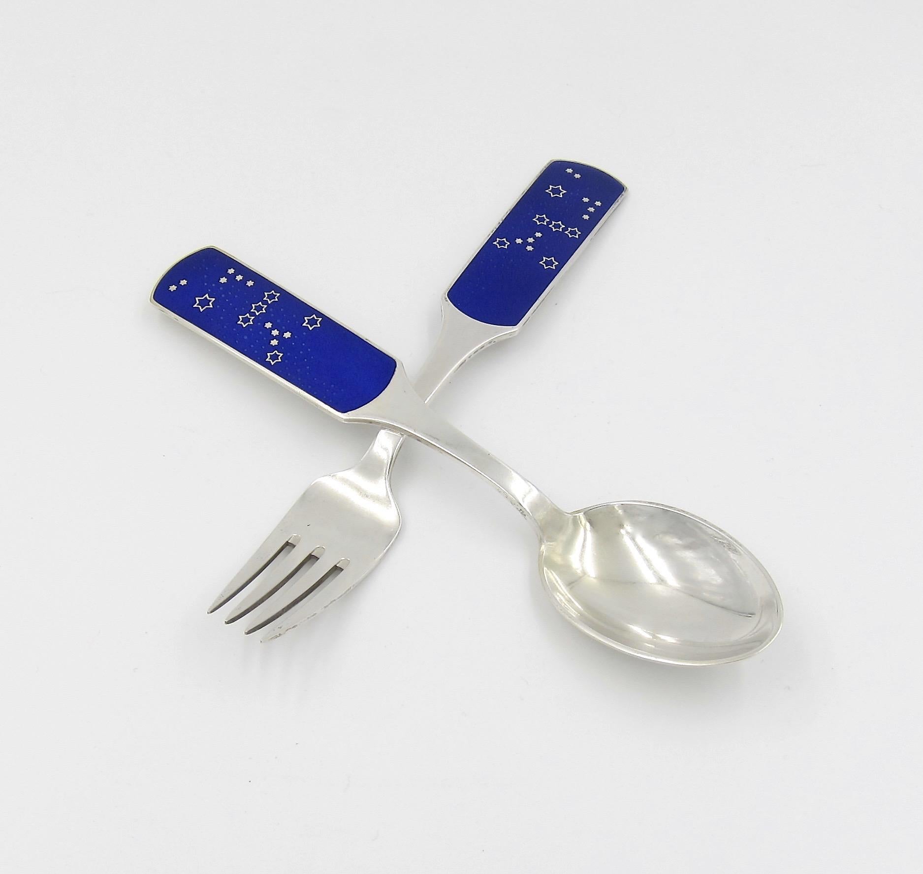 Enameled 1964 Anton Michelsen Silver and Enamel Orion Christmas Fork and Spoon Set