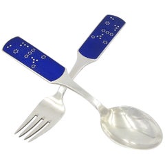 1964 Anton Michelsen Silver and Enamel Orion Christmas Fork and Spoon Set