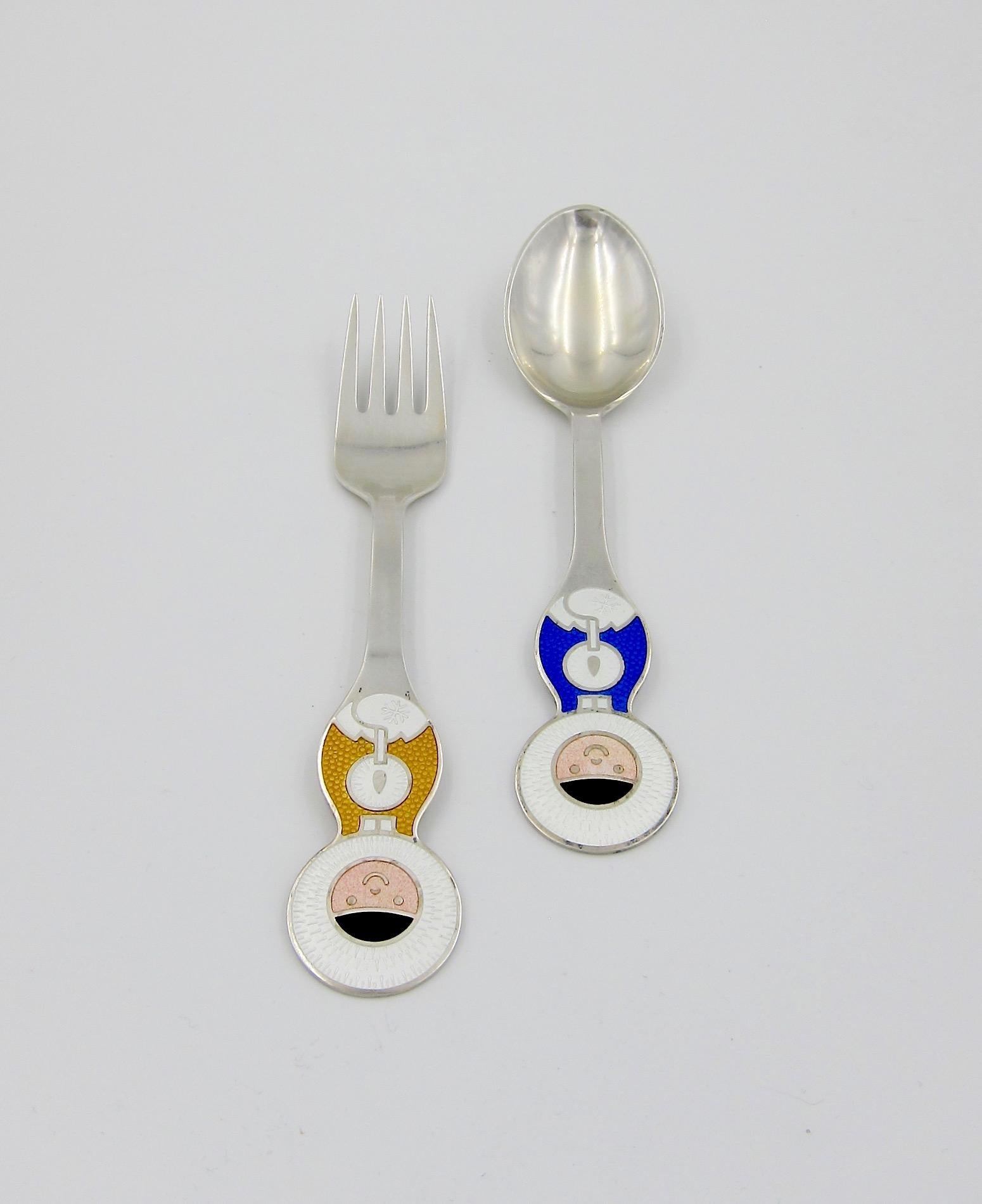 Enameled 1969 Anton Michelsen Silver and Enamel Greenlander Christmas Fork and Spoon Set