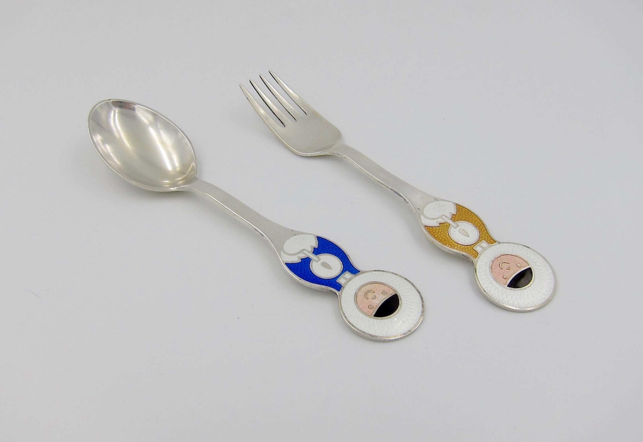 1969 Anton Michelsen Silver and Enamel Greenlander Christmas Fork and Spoon Set In Good Condition In Los Angeles, CA