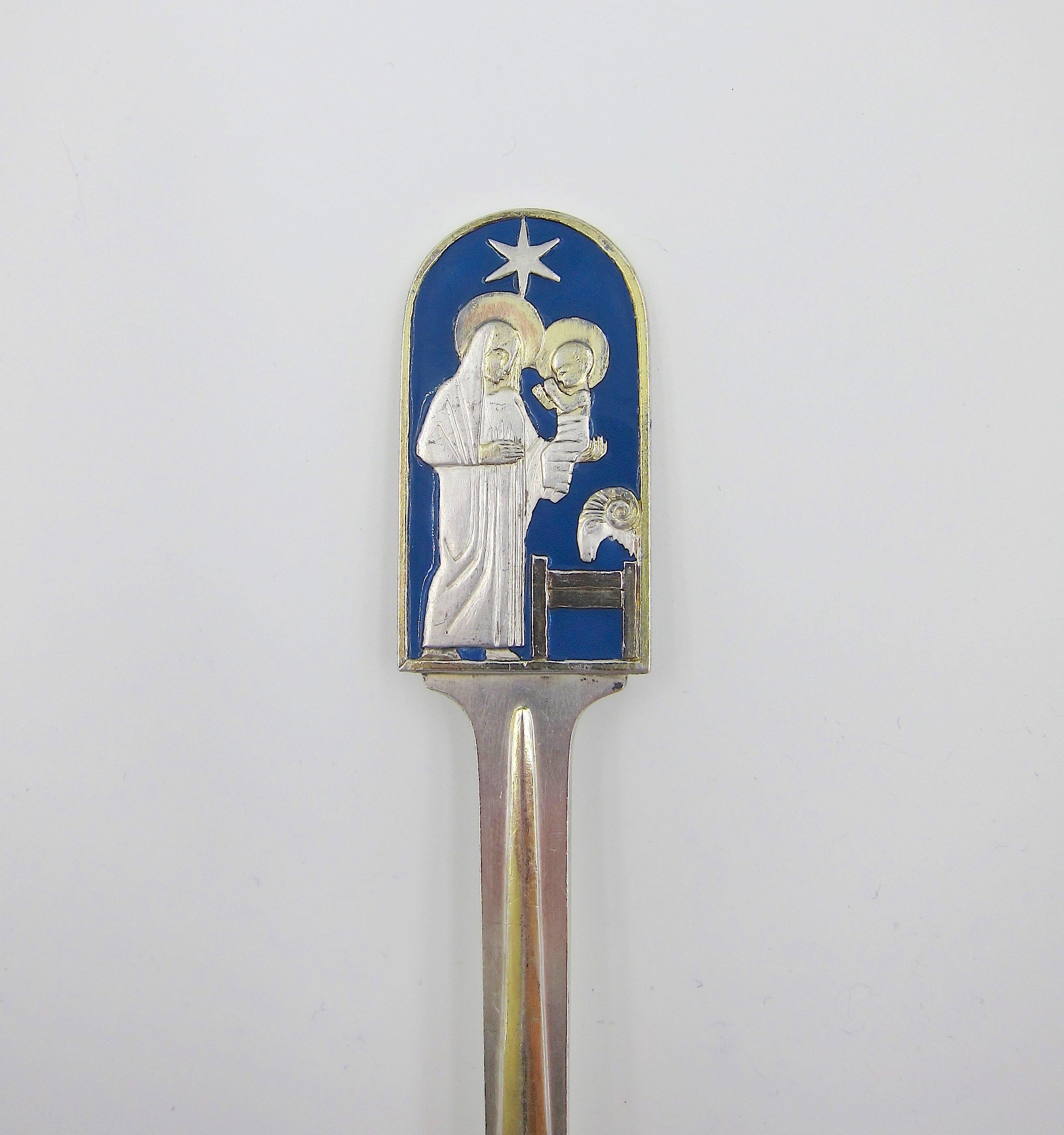 Danish Anton Michelsen Sterling Silver and Enamel 1934 Holy Night Christmas Spoon