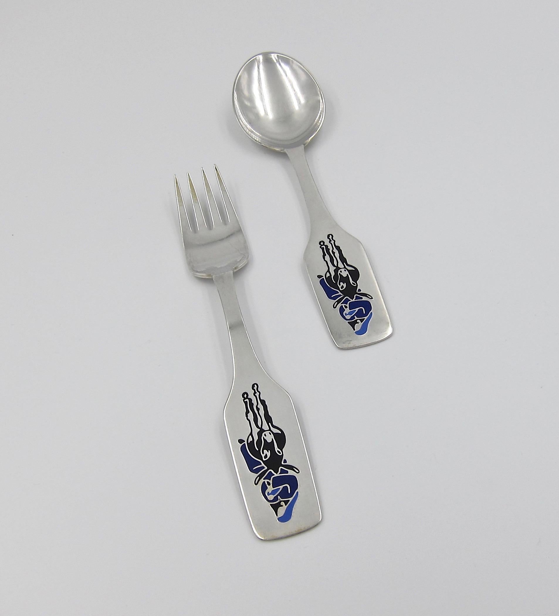 1966 Anton Michelsen Sterling Silver and Enamel Christmas Fork and Spoon Set 1