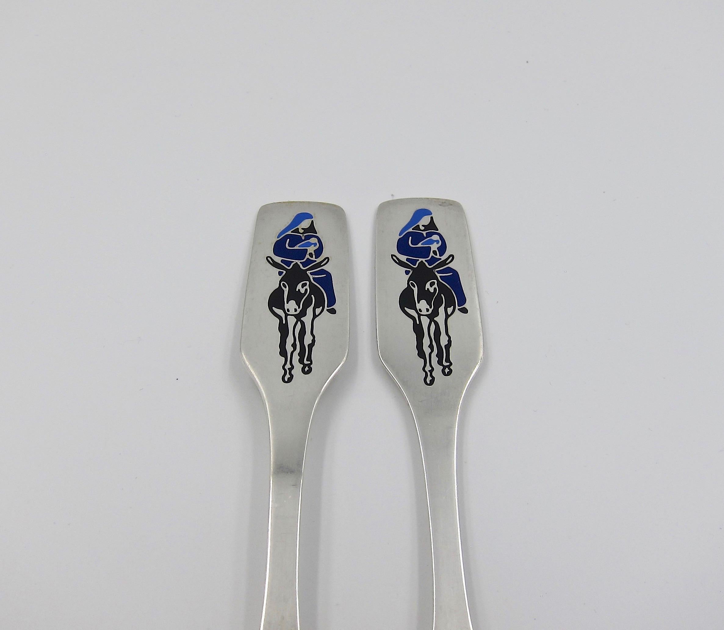 Mid-Century Modern 1966 Anton Michelsen Sterling Silver and Enamel Christmas Fork and Spoon Set