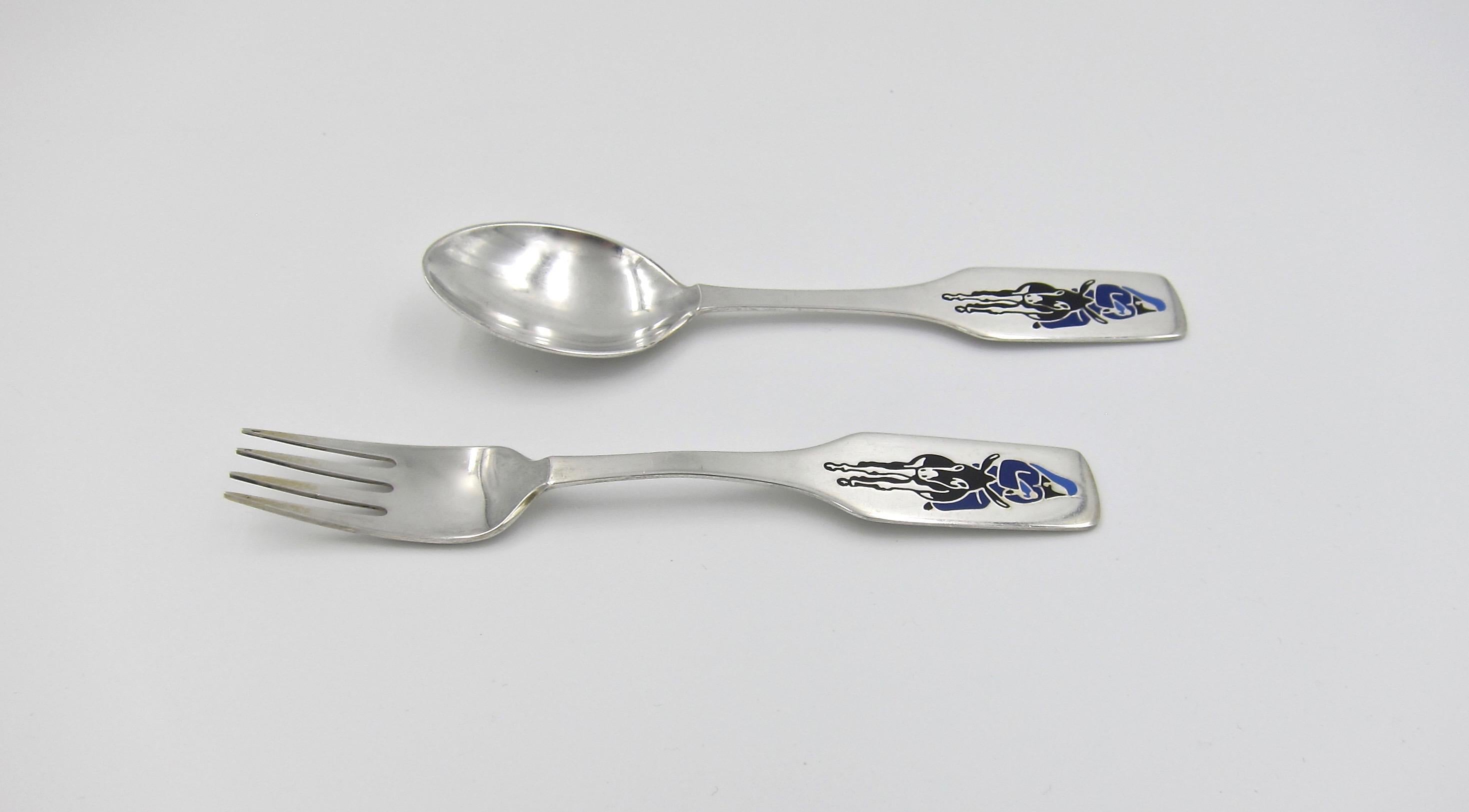 20th Century 1966 Anton Michelsen Sterling Silver and Enamel Christmas Fork and Spoon Set