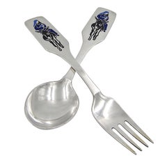 Retro 1966 Anton Michelsen Sterling Silver and Enamel Christmas Fork and Spoon Set