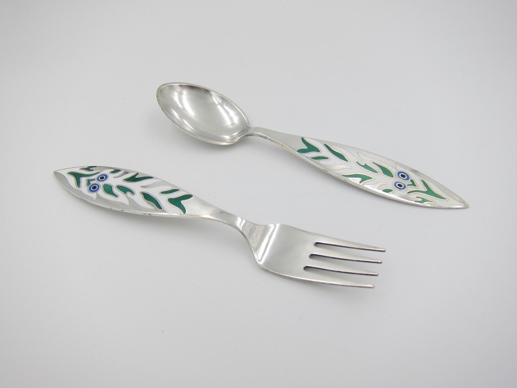 Mid-Century Modern 1970 Anton Michelsen Sterling Silver and Enamel Christmas Fork and Spoon Set