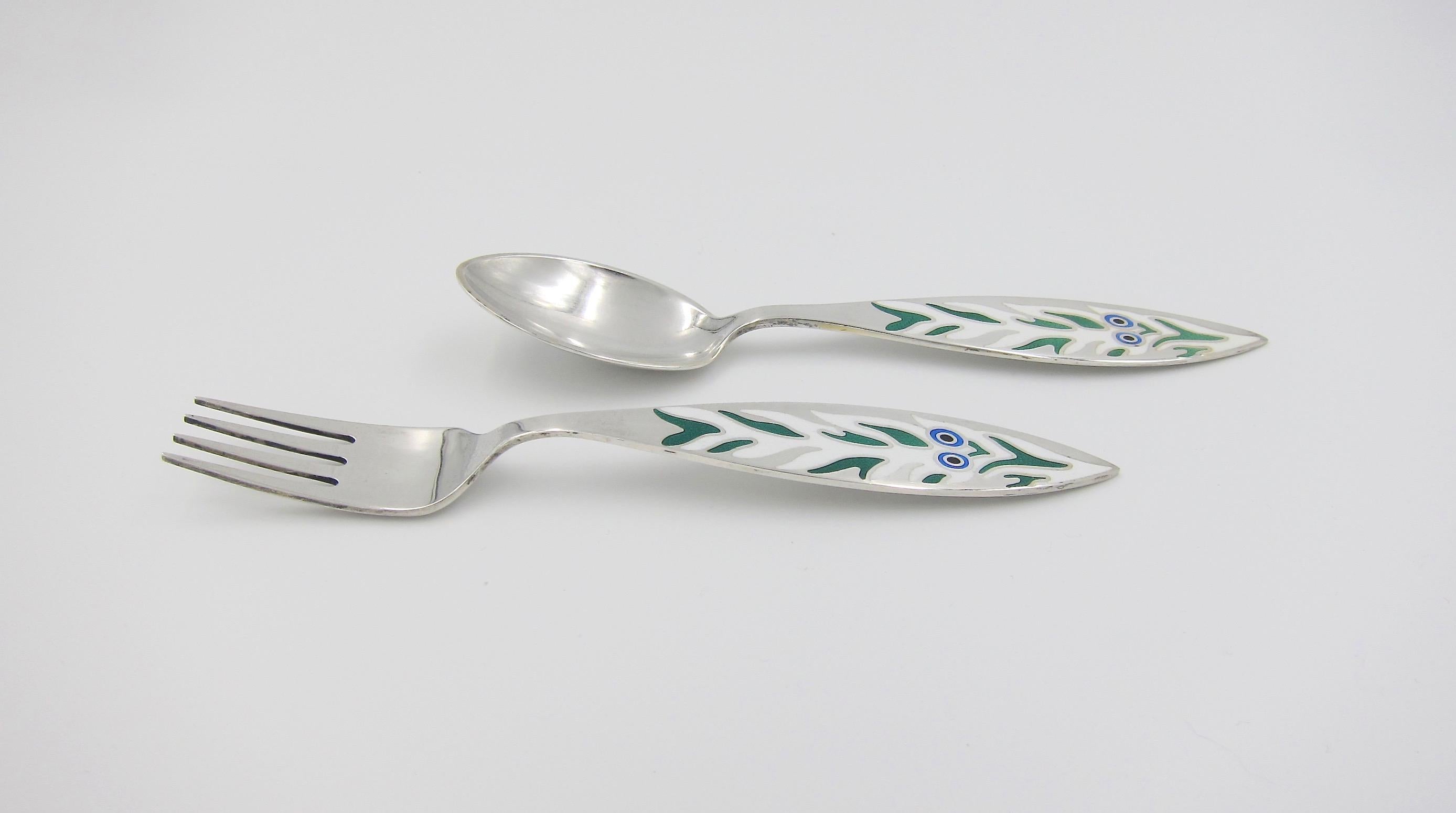 Danish 1970 Anton Michelsen Sterling Silver and Enamel Christmas Fork and Spoon Set