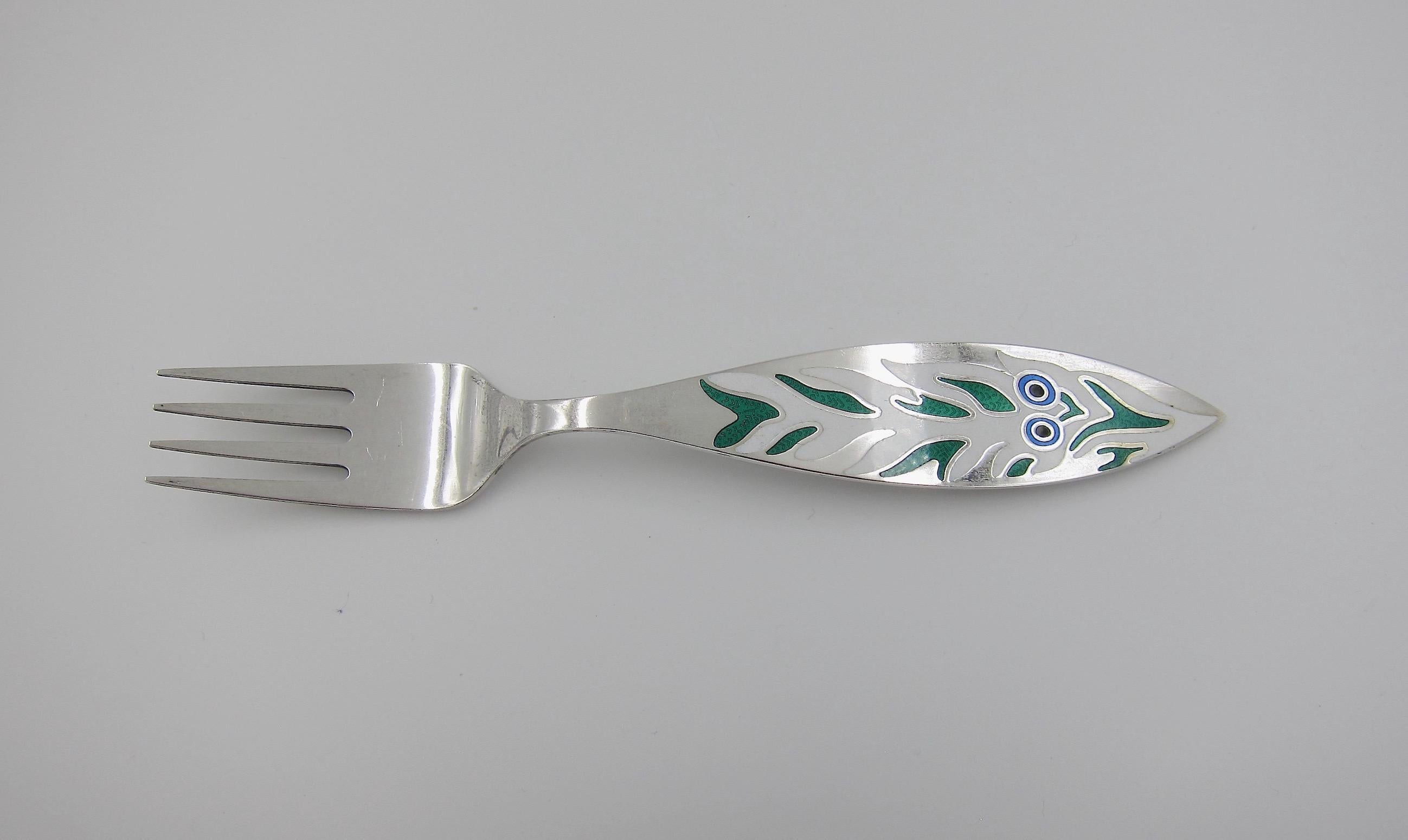 Enameled 1970 Anton Michelsen Sterling Silver and Enamel Christmas Fork and Spoon Set