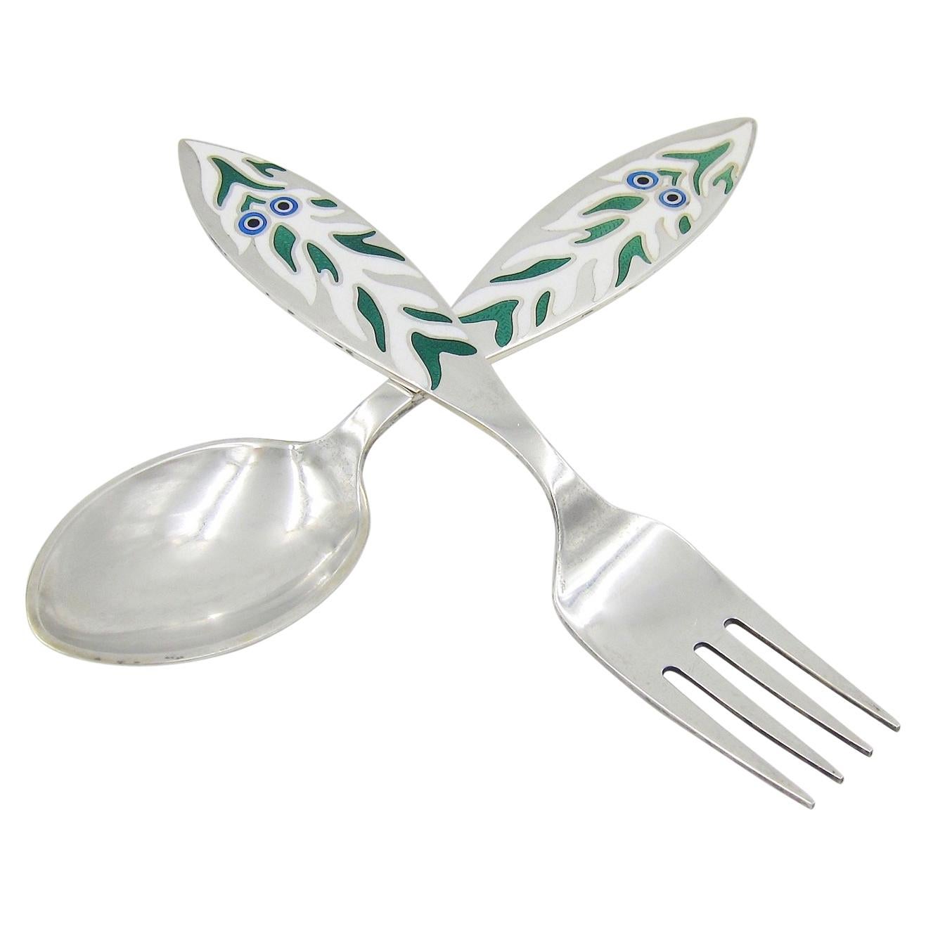 1970 Anton Michelsen Sterling Silver and Enamel Christmas Fork and Spoon Set