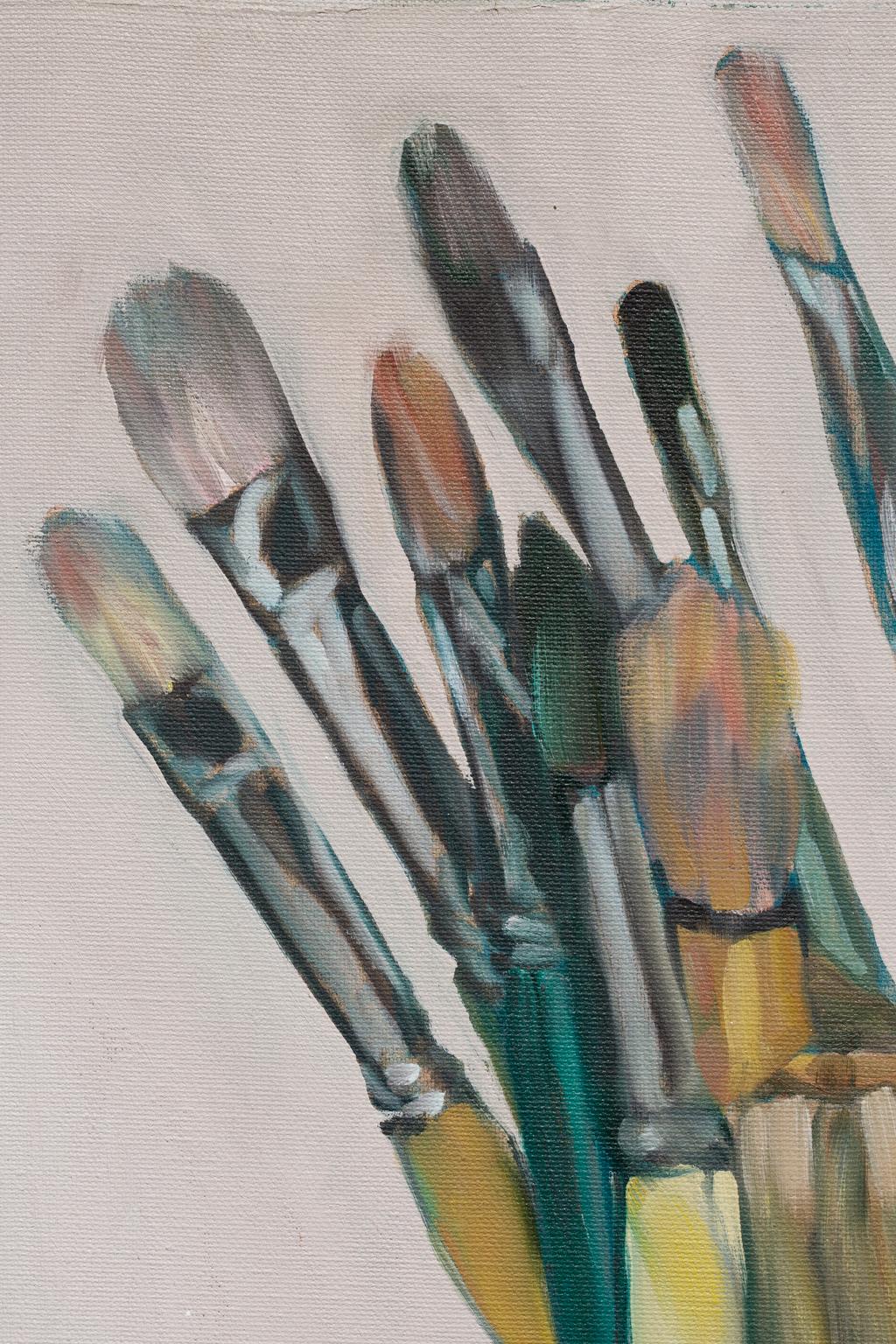 This still-life is an acrylic on canvas work that depicts a jar full of various paint brushes bunched together brushes up. In contrast to many still-lifes that depict the setting that the still-life occupies, this jar occupies a white space that