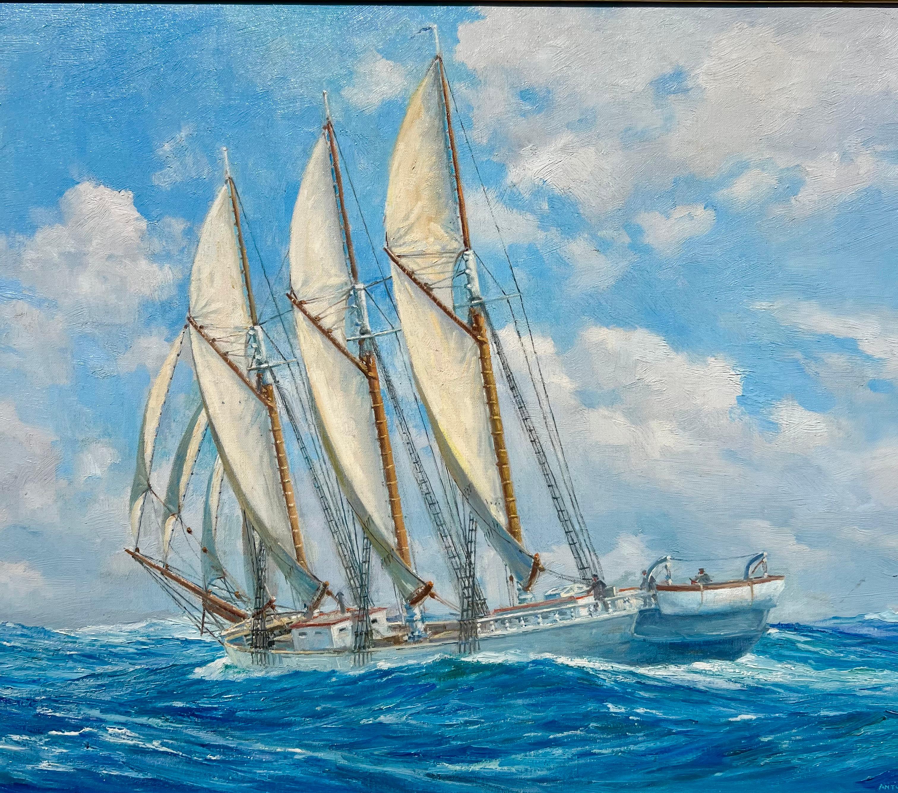 Olio su tela, firmato in basso a destra. Questo olio su tela raffigurante una nave a vele spiegate misura 31,25