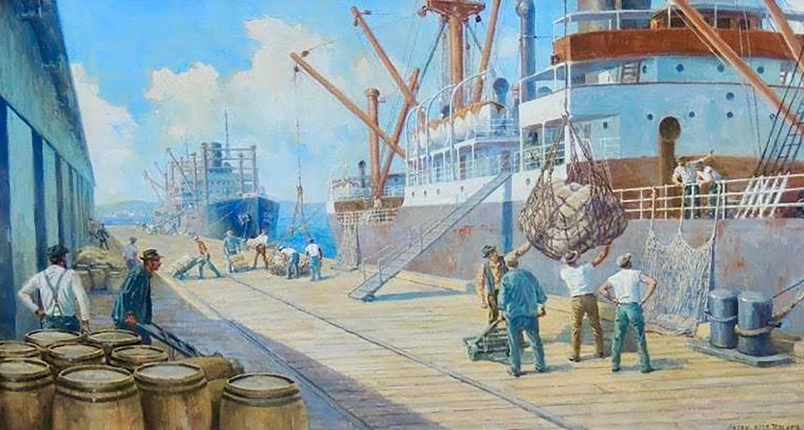 Anton Otto Fischer Figurative Painting - Dock Workers Unloading Freighter