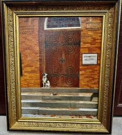 Dog in Front of Church near a sign that says "Strangers Welcome"