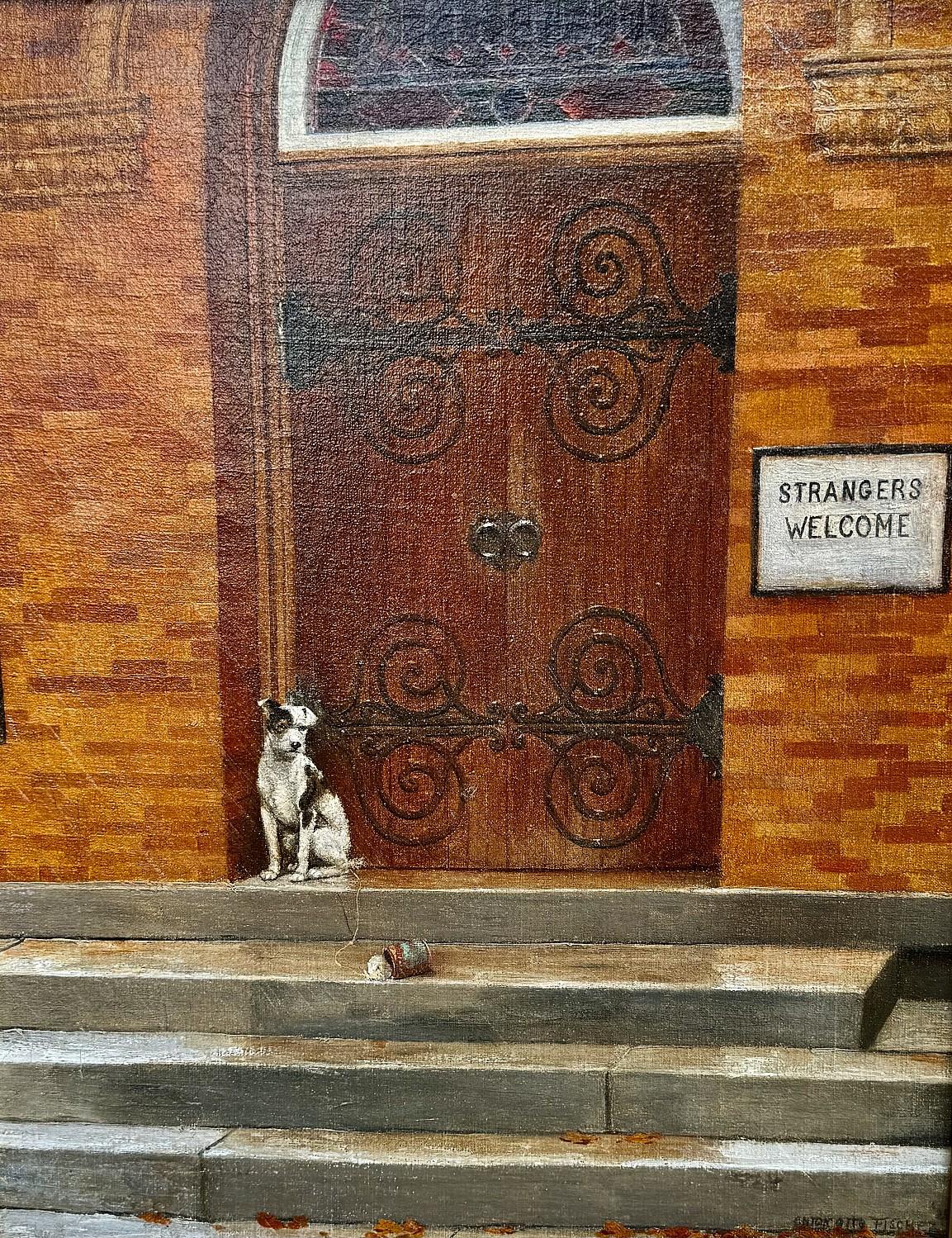 Perro delante de una iglesia cerca de un cartel que dice "Extraños bienvenidos" - Painting de Anton Otto Fischer