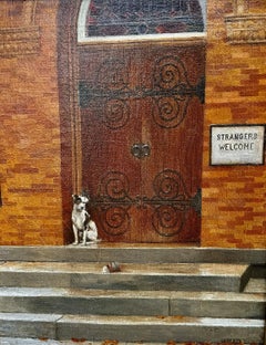 Dog devant l'église près d'une enseigne indiquant « Welcome,Strangers Welcome »