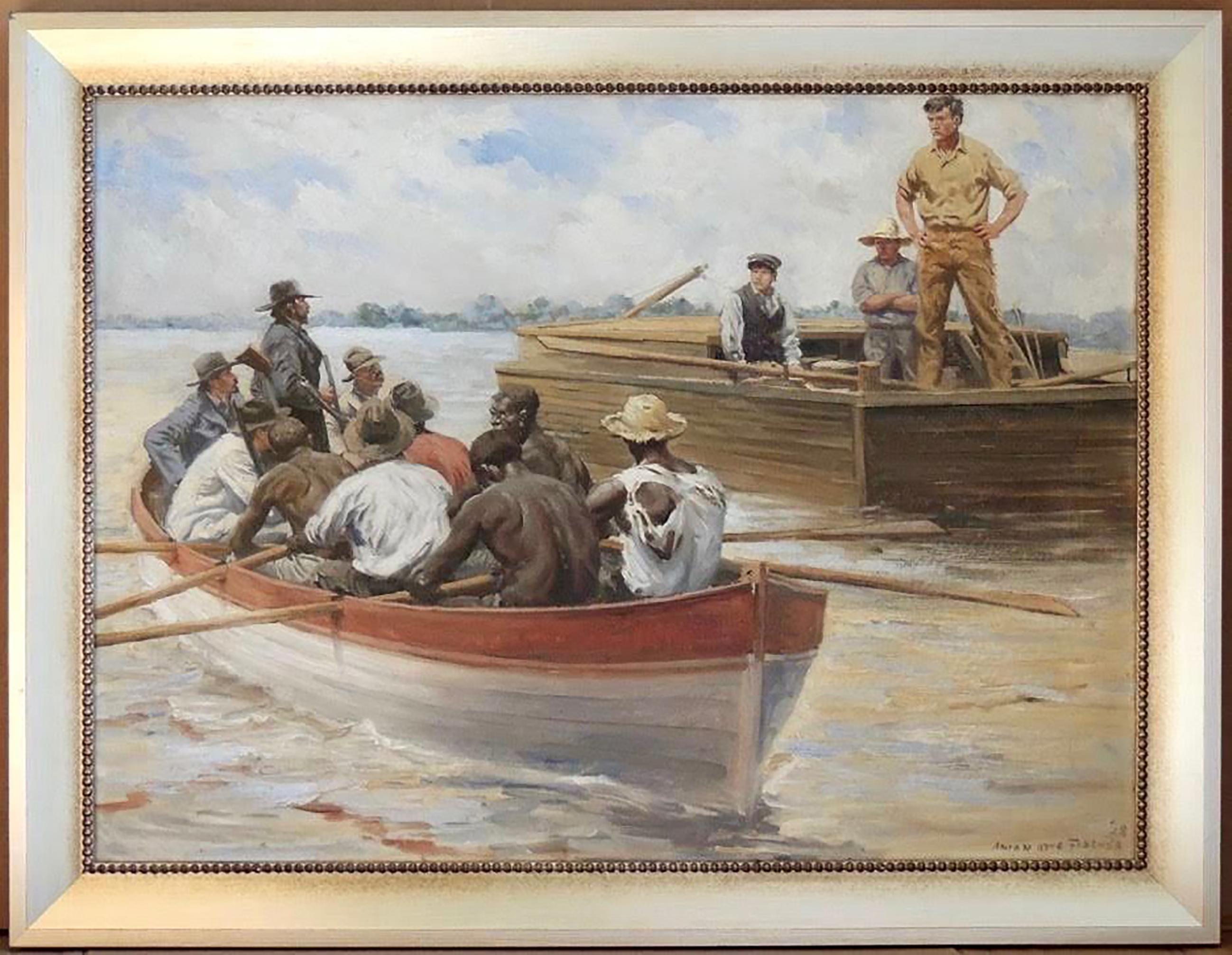 Figures en voilier à côté d'une barge - Painting de Anton Otto Fischer
