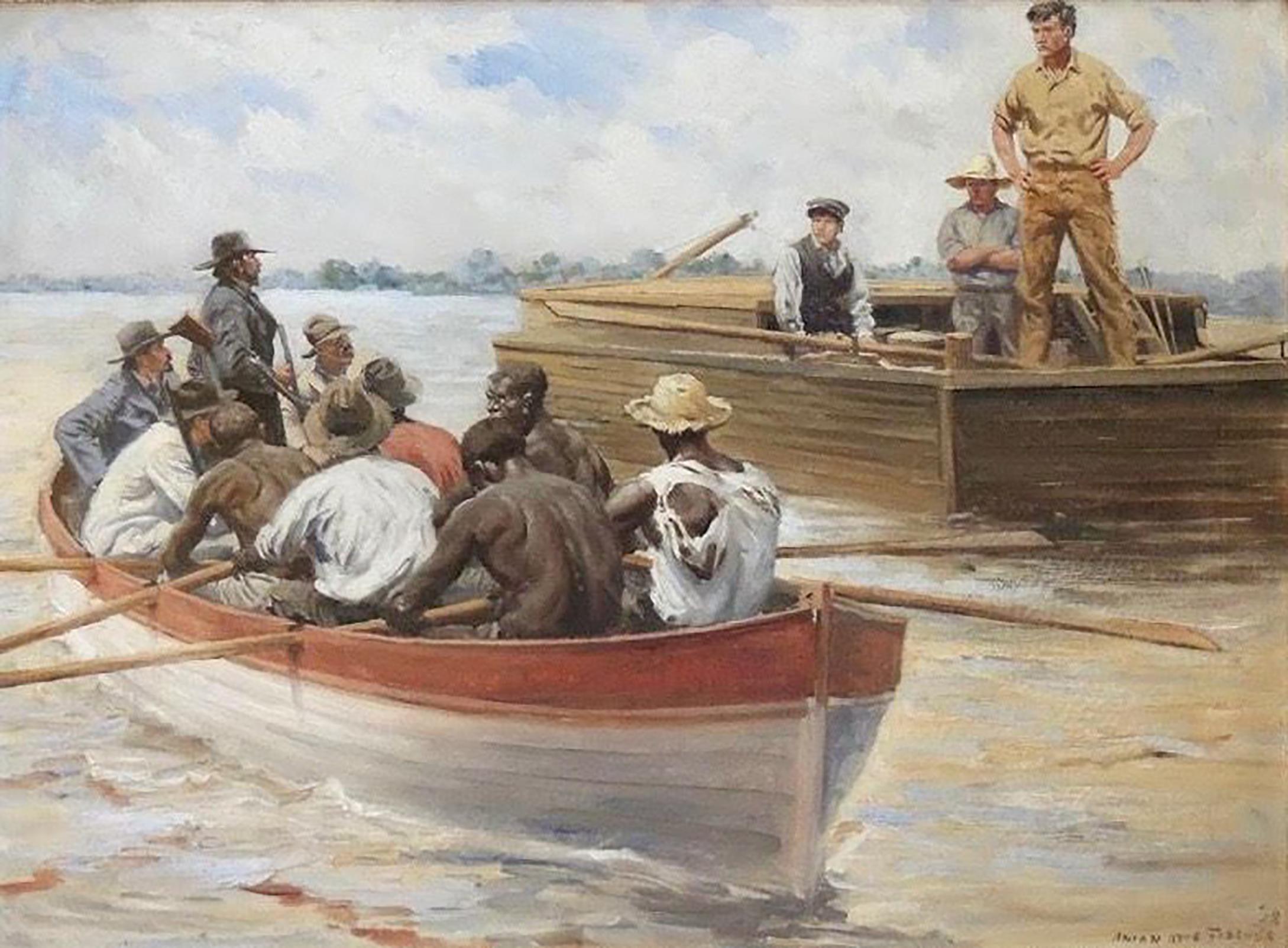 Figurative Painting de Anton Otto Fischer - Figuras en bote de remos junto a barcaza