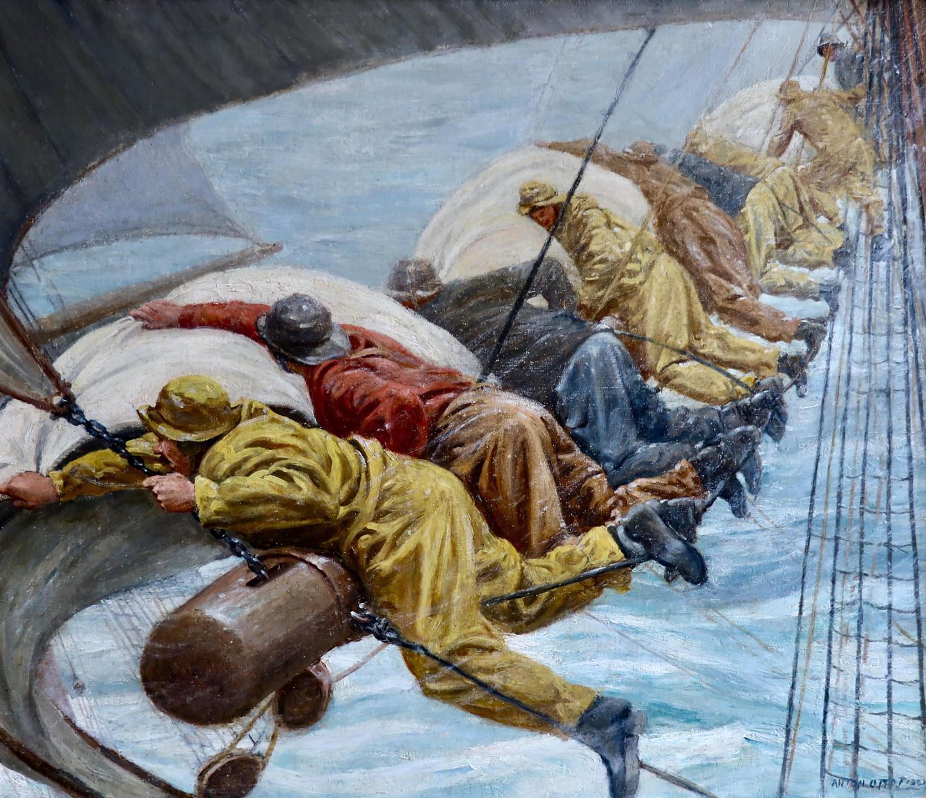 Anton Otto Fischer Figurative Painting - Fishermen Battling Heavy Seas