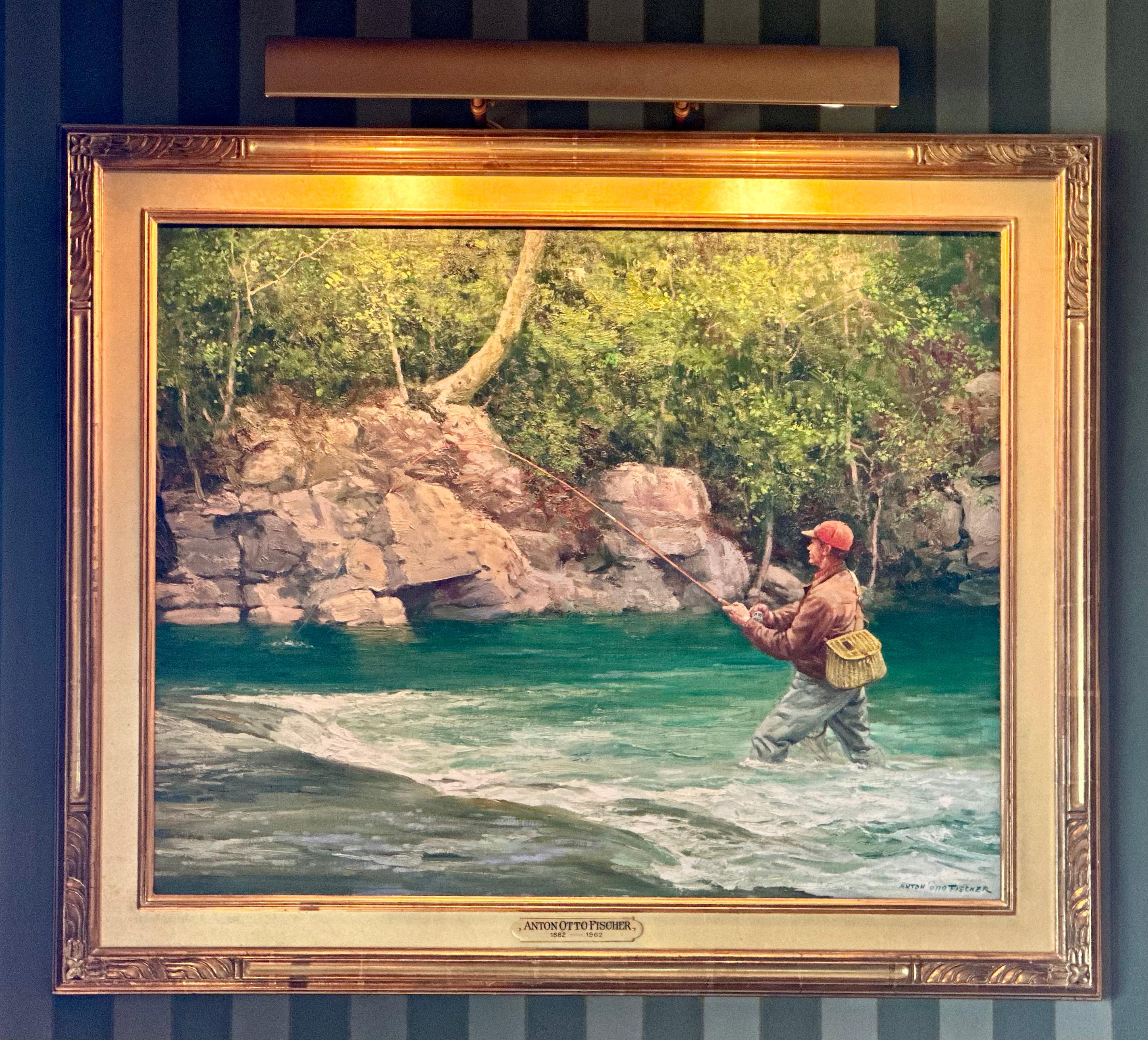Un dipinto a olio sereno e abilmente reso, Fly Fishing di Anton Otto Fischer cattura la tranquilla solitudine di un pescatore in perfetta armonia con la natura. L'uso magistrale della luce e del colore da parte di Fischer esalta l'atmosfera