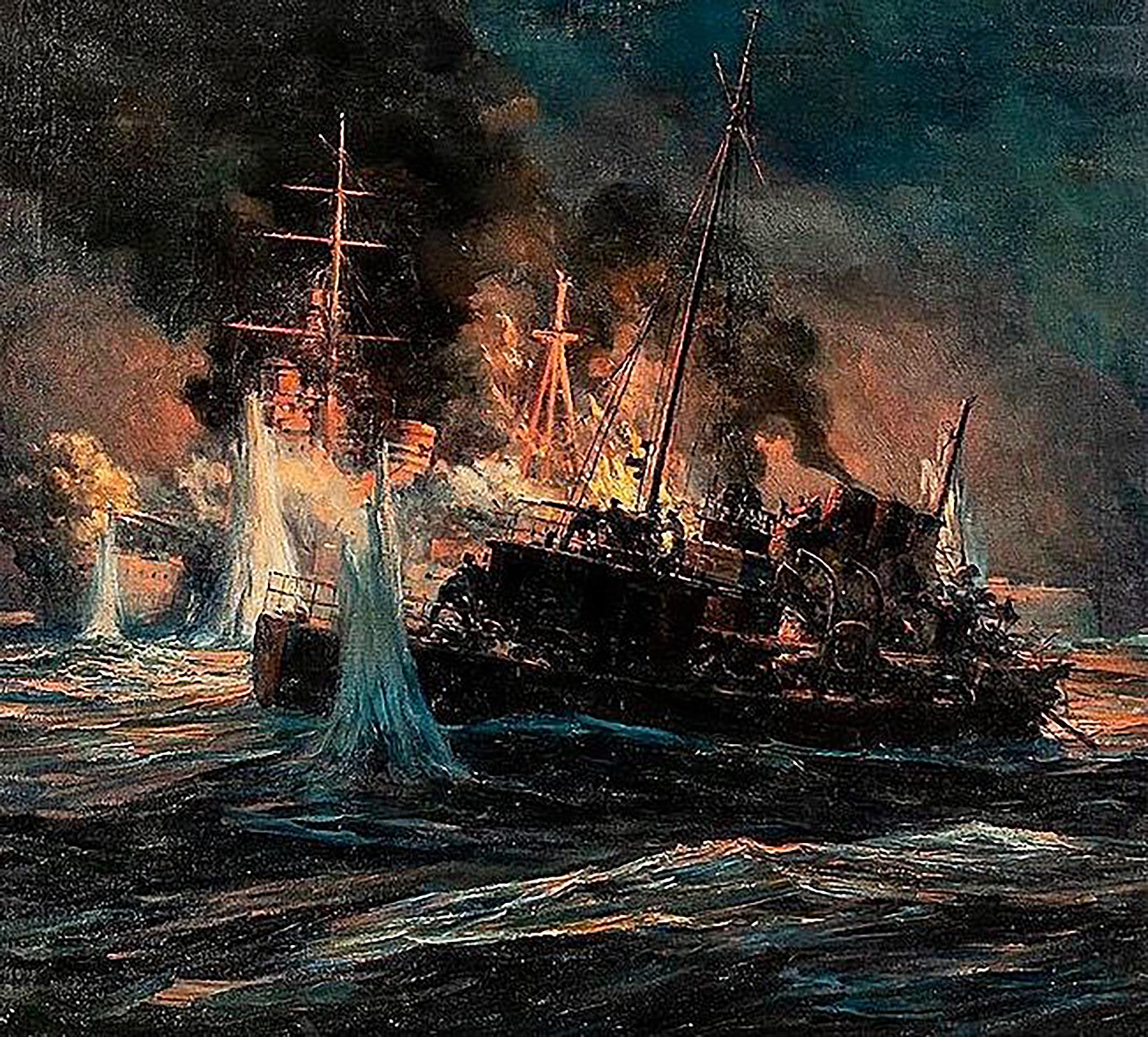 Anton Otto Fischer Figurative Painting - World War II Naval Engagement