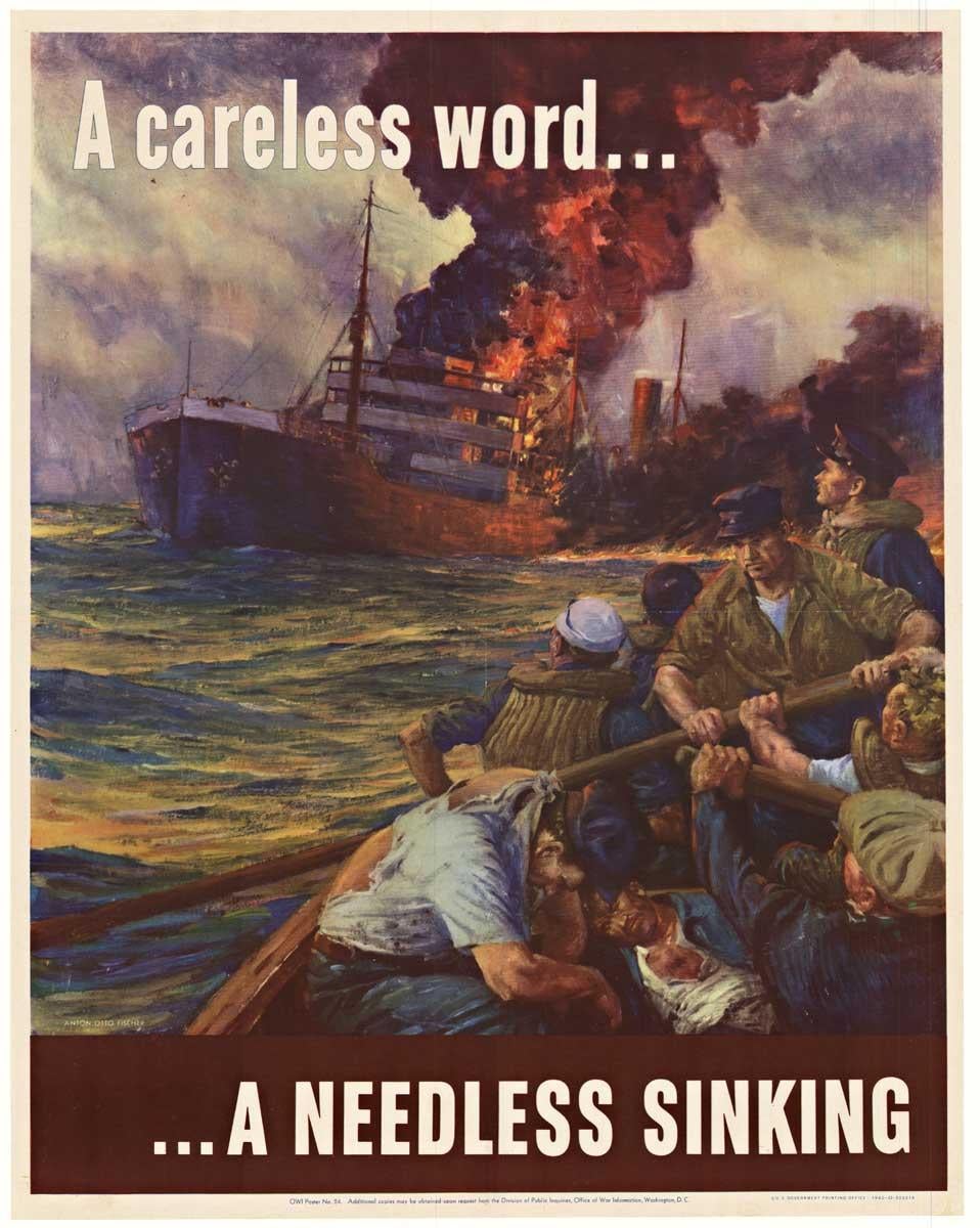 A Careless World ...A Needless Sinking - Affiche originale de 1942 vintage de la Seconde Guerre mondiale