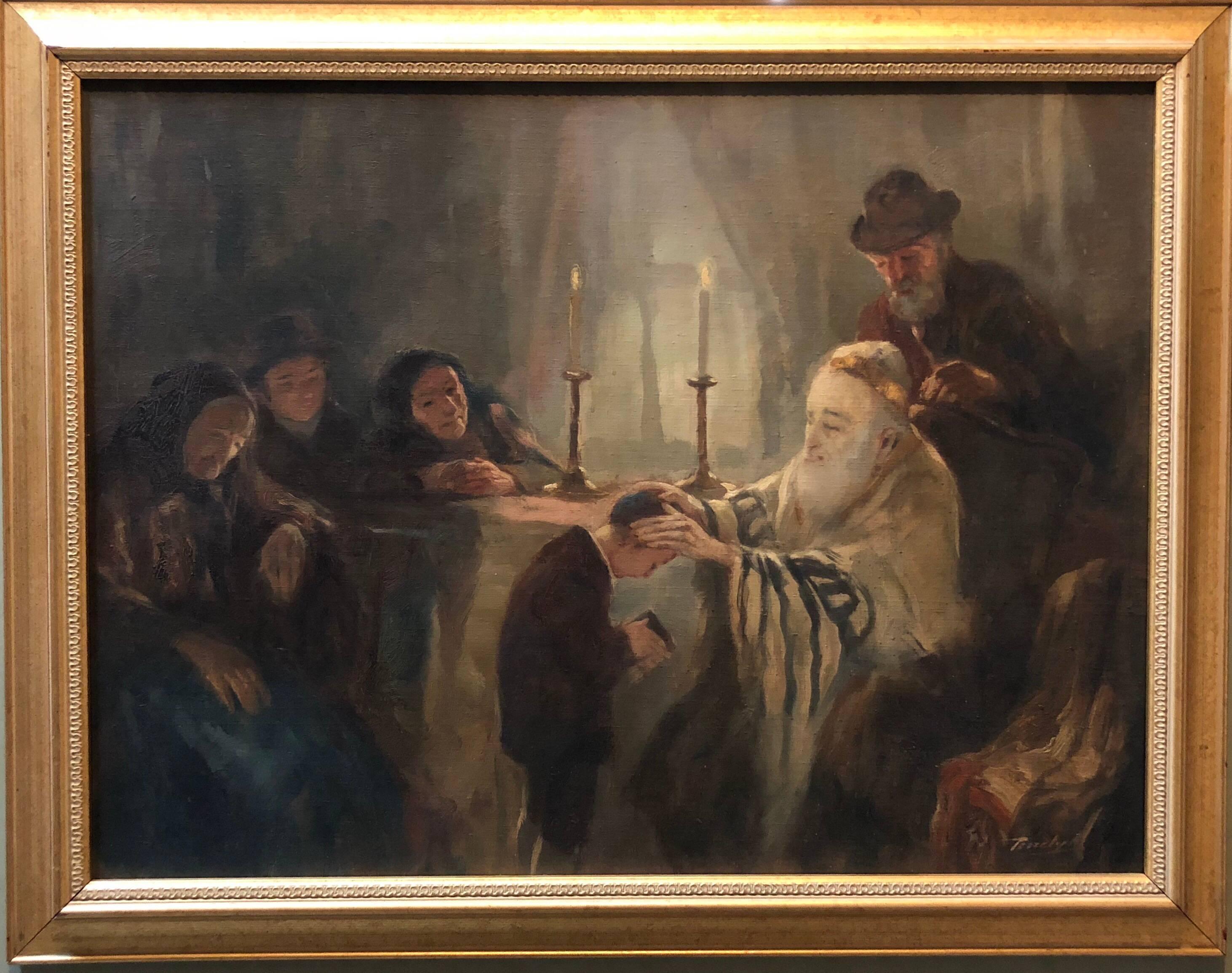 Anton Peczely Interior Painting - Blessing of the Tzadik (Rebbe) Rare Hungarian Judaica Oil Painting
