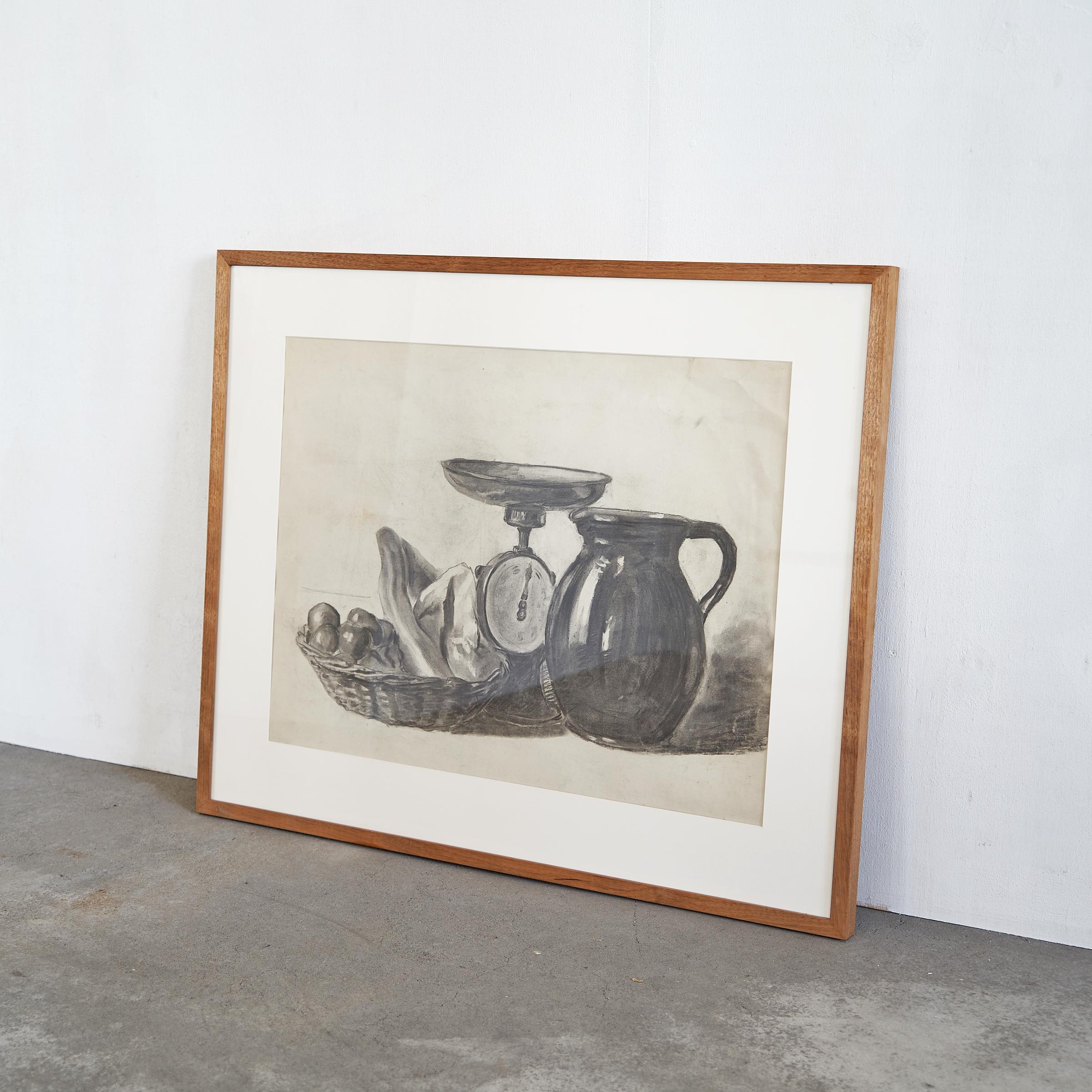 This is a beautiful drawing by Dutch artist Anton Pieck (1895-1987). A still life depicting a kitchen scene with a scale, pitcher and some fruit in a basket. 

The colors, tones and items depicted breath a serene and modern aesthetic. As you take a