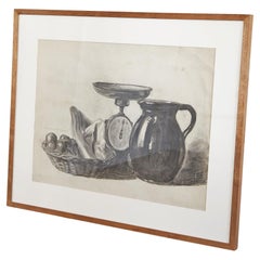 Vintage Anton Pieck Still Life Kitchen Scene with Scale Pencil Drawing 1940s
