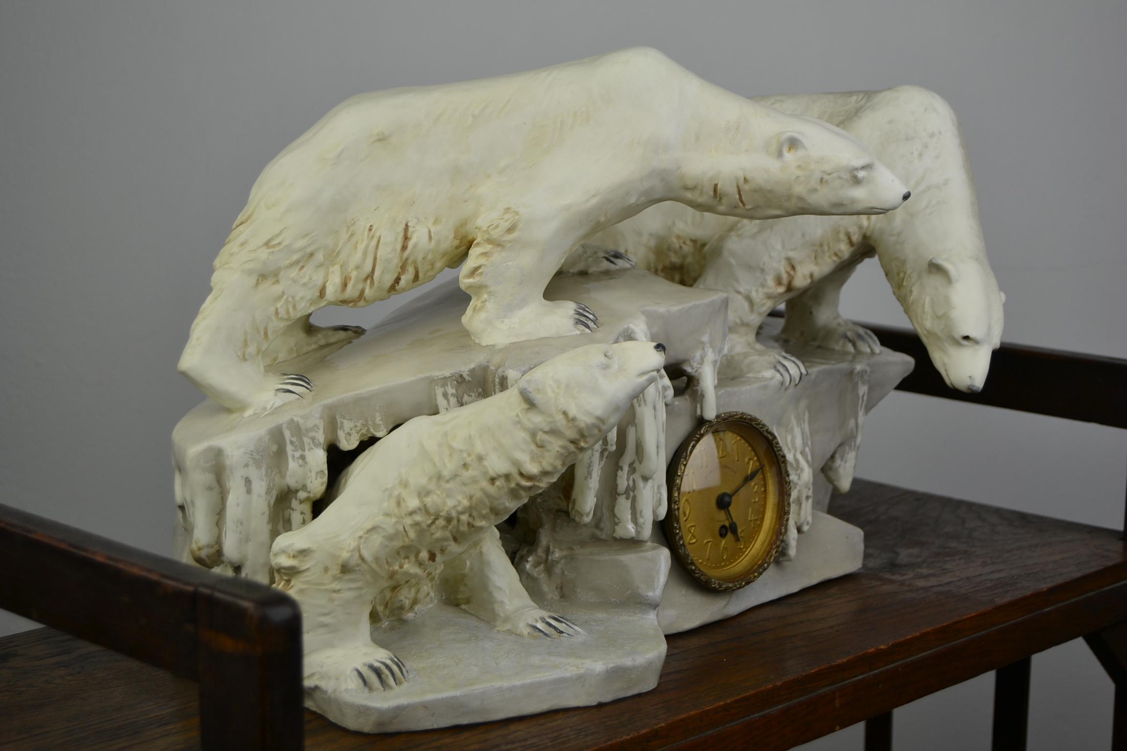 Anton Puchegger Polar Bear Ceramic Statue with Clock, Early 20th Century For Sale 7