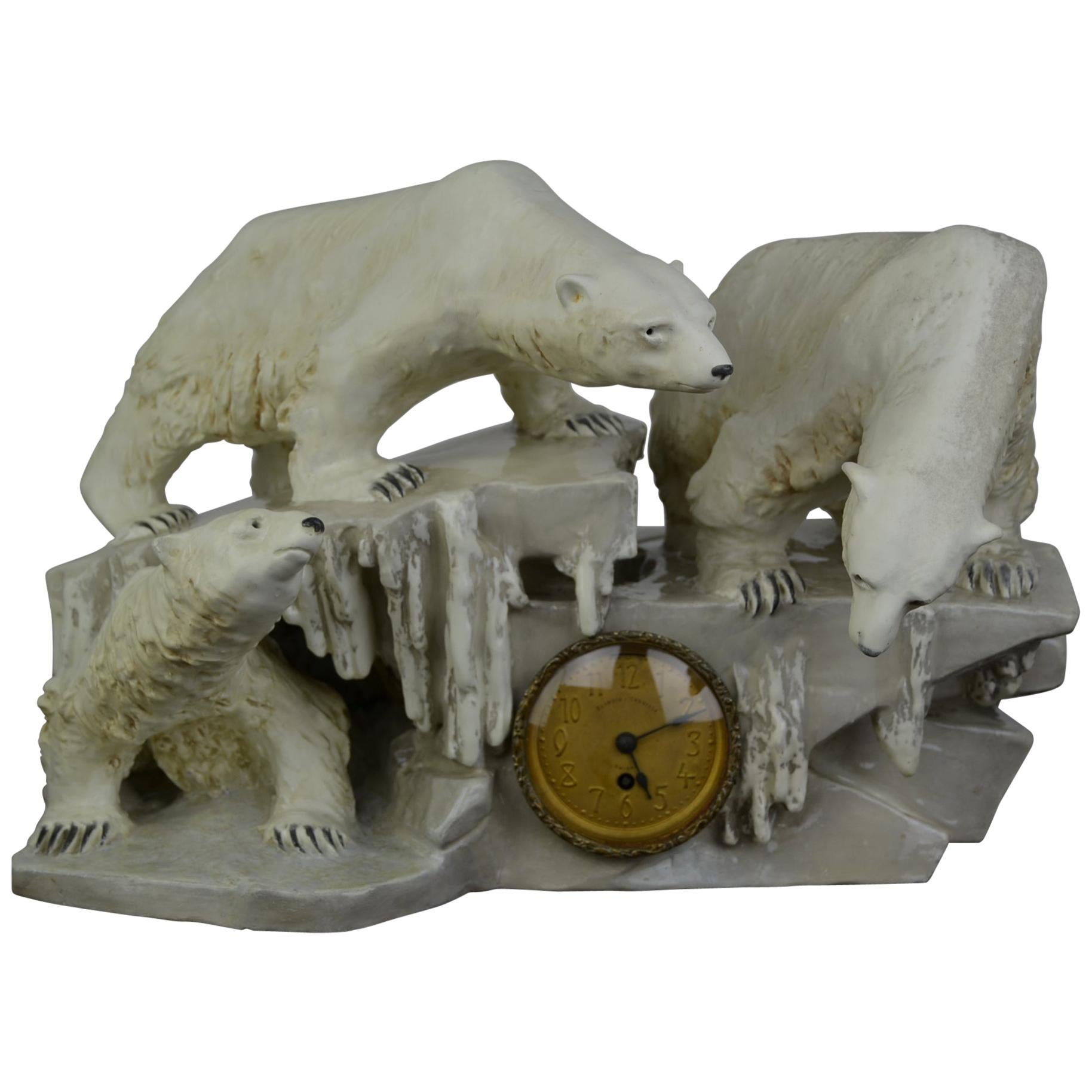 Anton Puchegger Polar Bear Ceramic Statue with Clock, Early 20th Century For Sale
