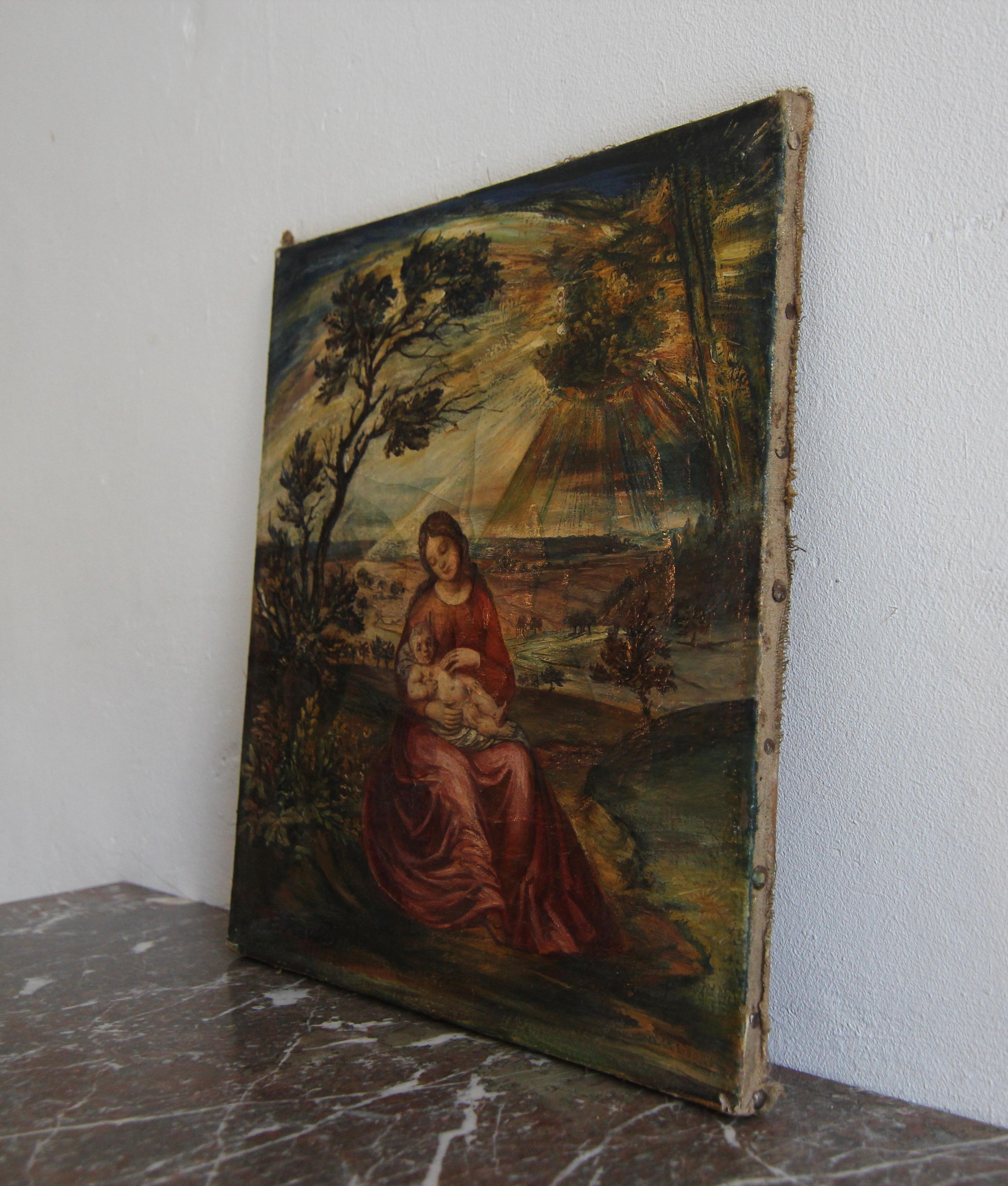 Anton Rausch, Madonna with Child, Oil on Canvas In Fair Condition For Sale In Dusseldorf, DE
