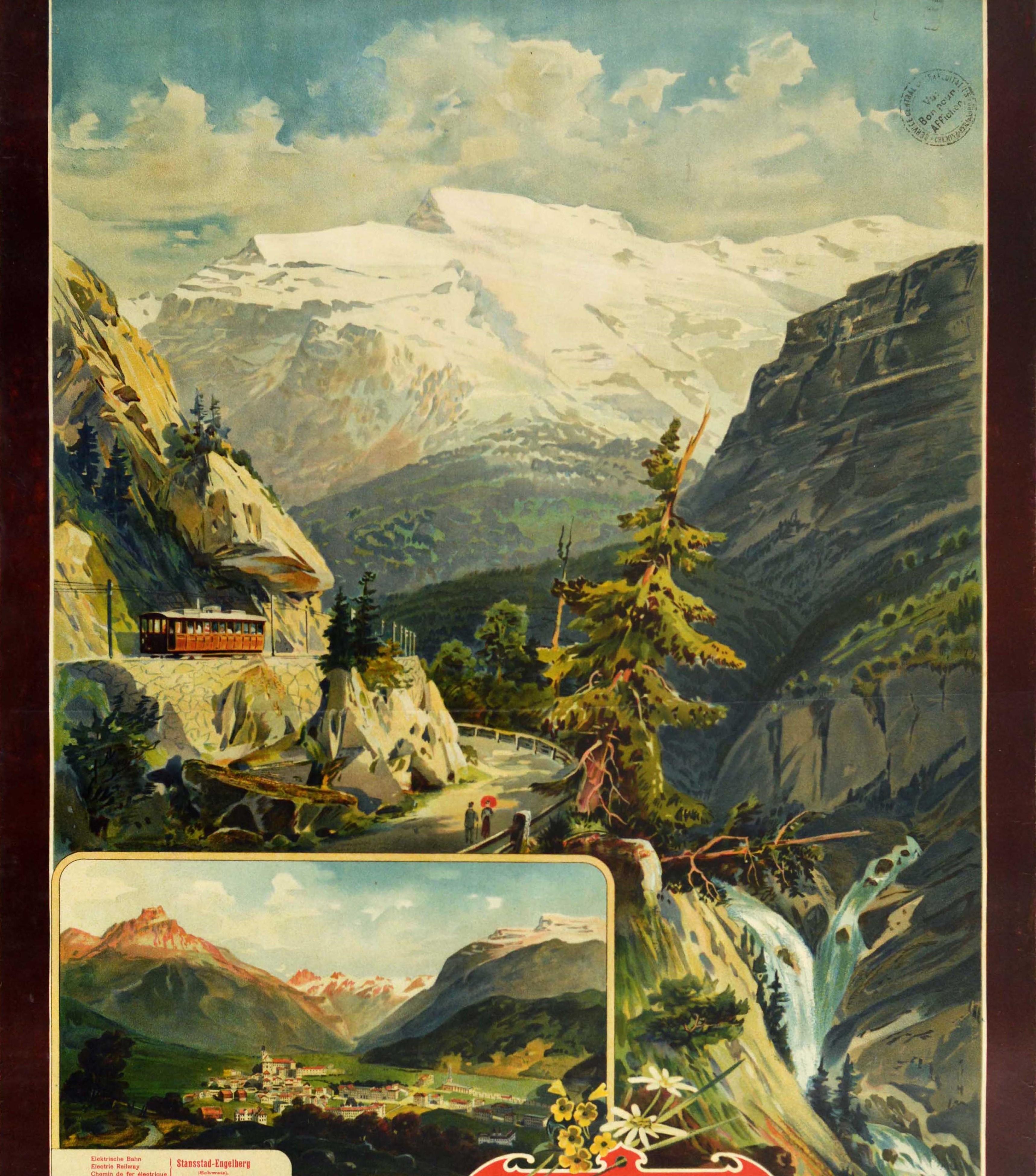 Antico manifesto di viaggio originale che promuove la ferrovia Stansstad Engelberg Bahn in Svizzera con un dipinto panoramico dell'artista e cartografo austriaco Anton Reckziegel (1865-1936) che raffigura una valle rocciosa di montagna con una