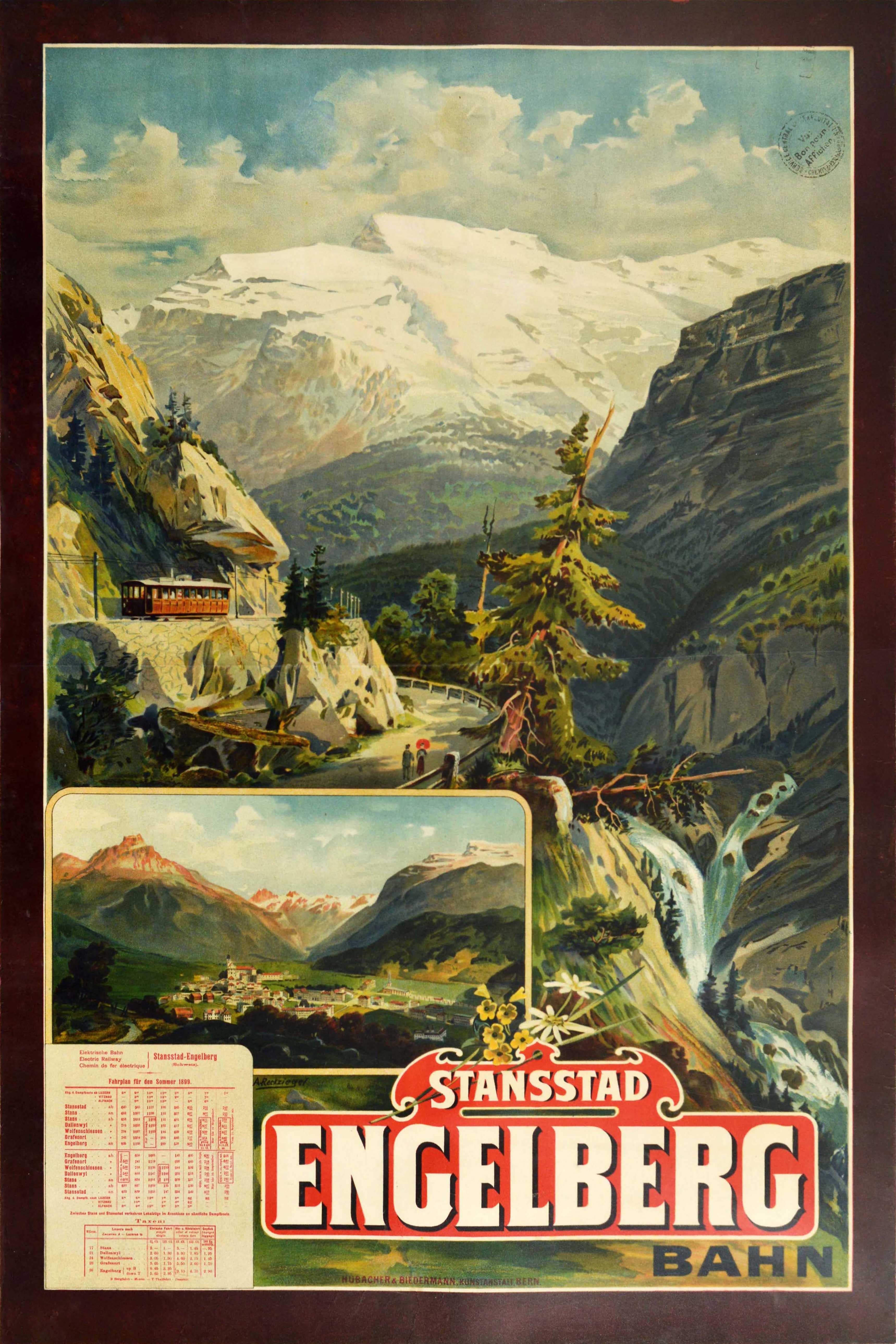 Anton Reckziegel Print - Original Antique Poster Stansstad Engelberg Railway Switzerland Swiss Alps View