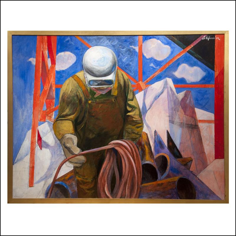 „Coulee-Dammbau“ WPA Präzisionsvolle industrielle figurative amerikanische Szene – Painting von Anton Refregier