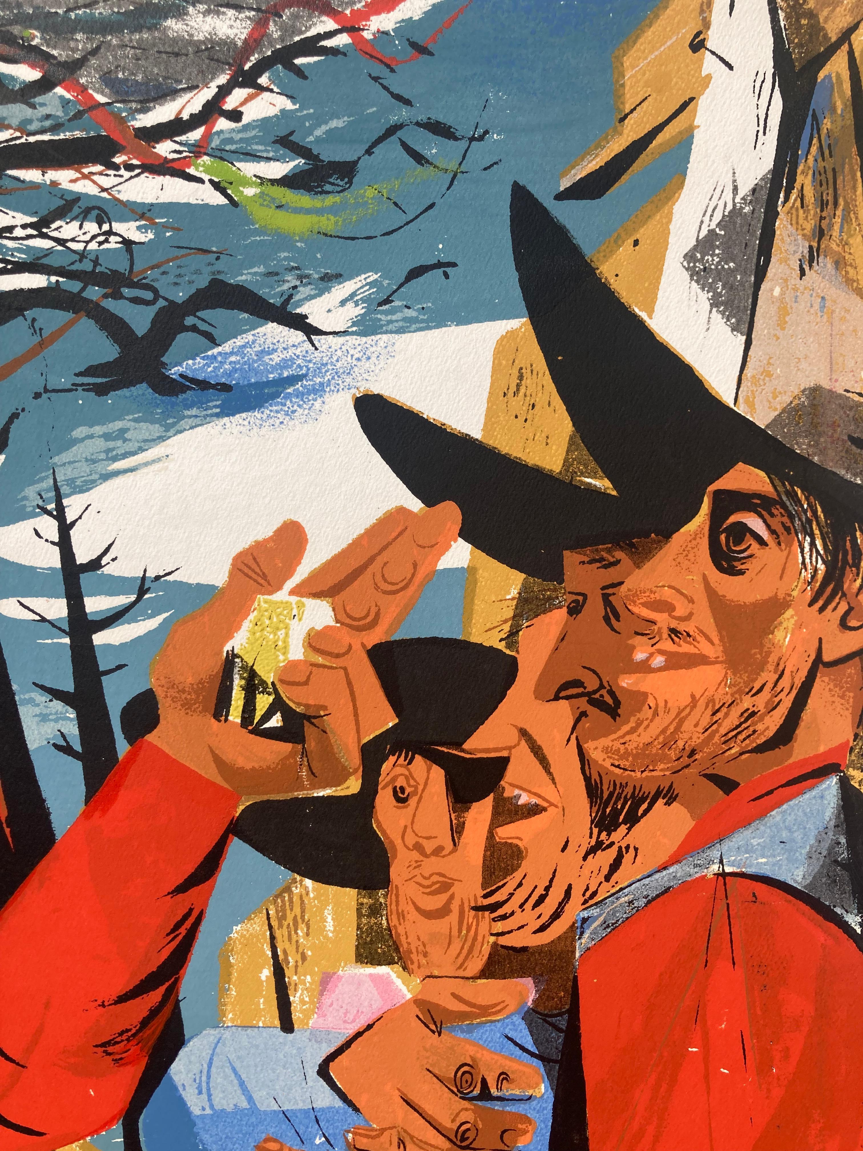 DESCUBRIMIENTO DEL ORO - Serigrafía muy grande - Artista WPA - Murales de California - Figurative Print Marrón de Anton Refregier