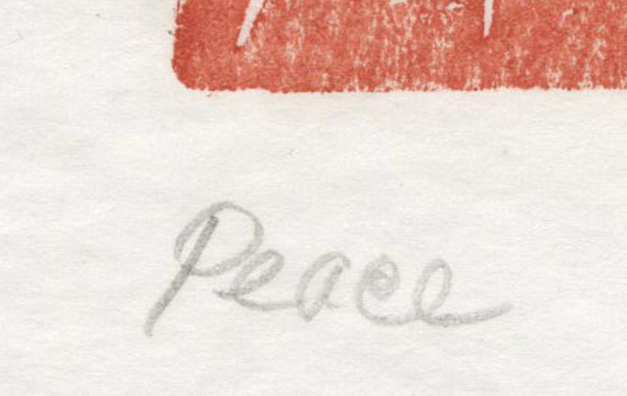 Peace
Woodcut printed in orange red ink on japanese paper
Signed and titled in pencil lower right (see photo)
Titled lower left (see photo)
Created along with an illustrated book project Song of Peace, 1950-1959.
Condition: Excellent
Image: 10 1/2 x