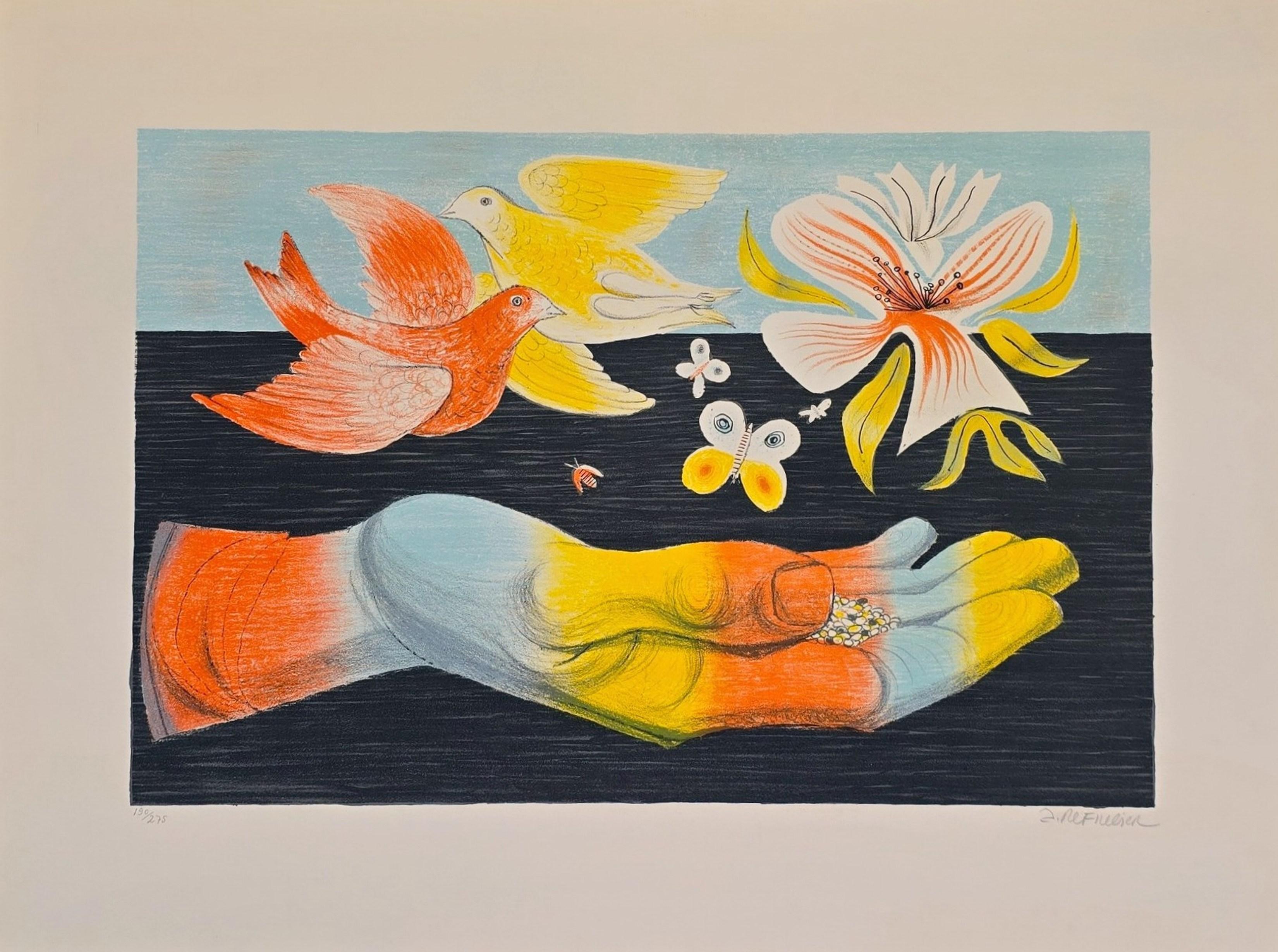 Anton Refregier Still-Life Print - Untitled I (Symbolic Gesture, Dove, Floral, Butterfly)