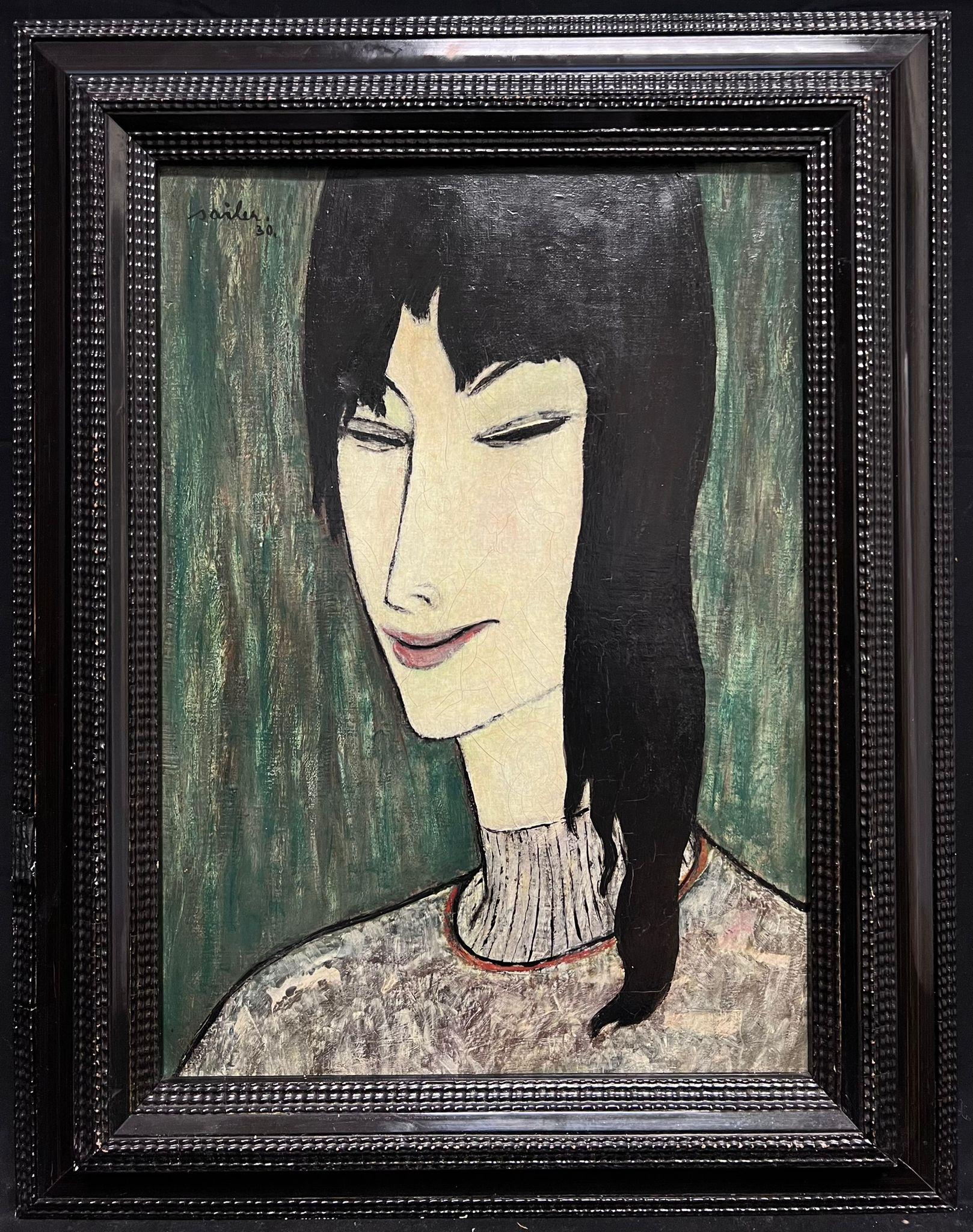Ritratto modernista francese del 1930 di donna dai capelli neri con frangia, olio firmato - Painting di Anton Sailer