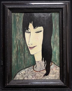 1930's French Modernist Portrait of Black Haired Lady with Fringe Signed Oil