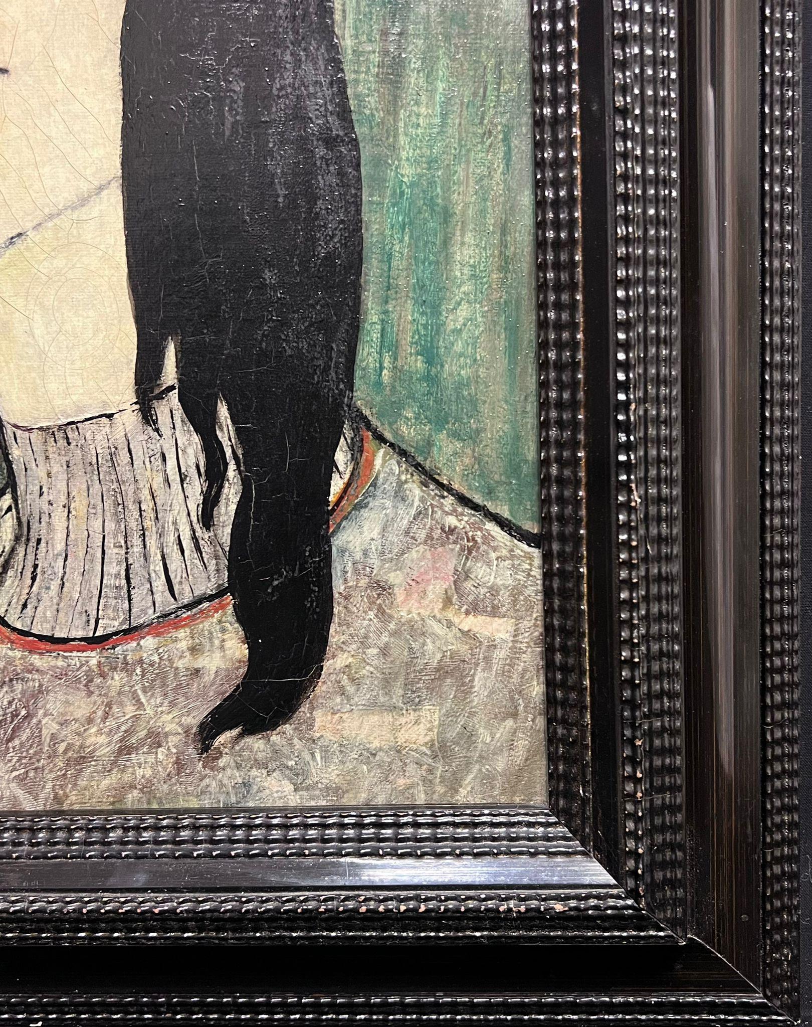 Ritratto modernista francese del 1930 di donna dai capelli neri con frangia, olio firmato - Painting Moderno di Anton Sailer