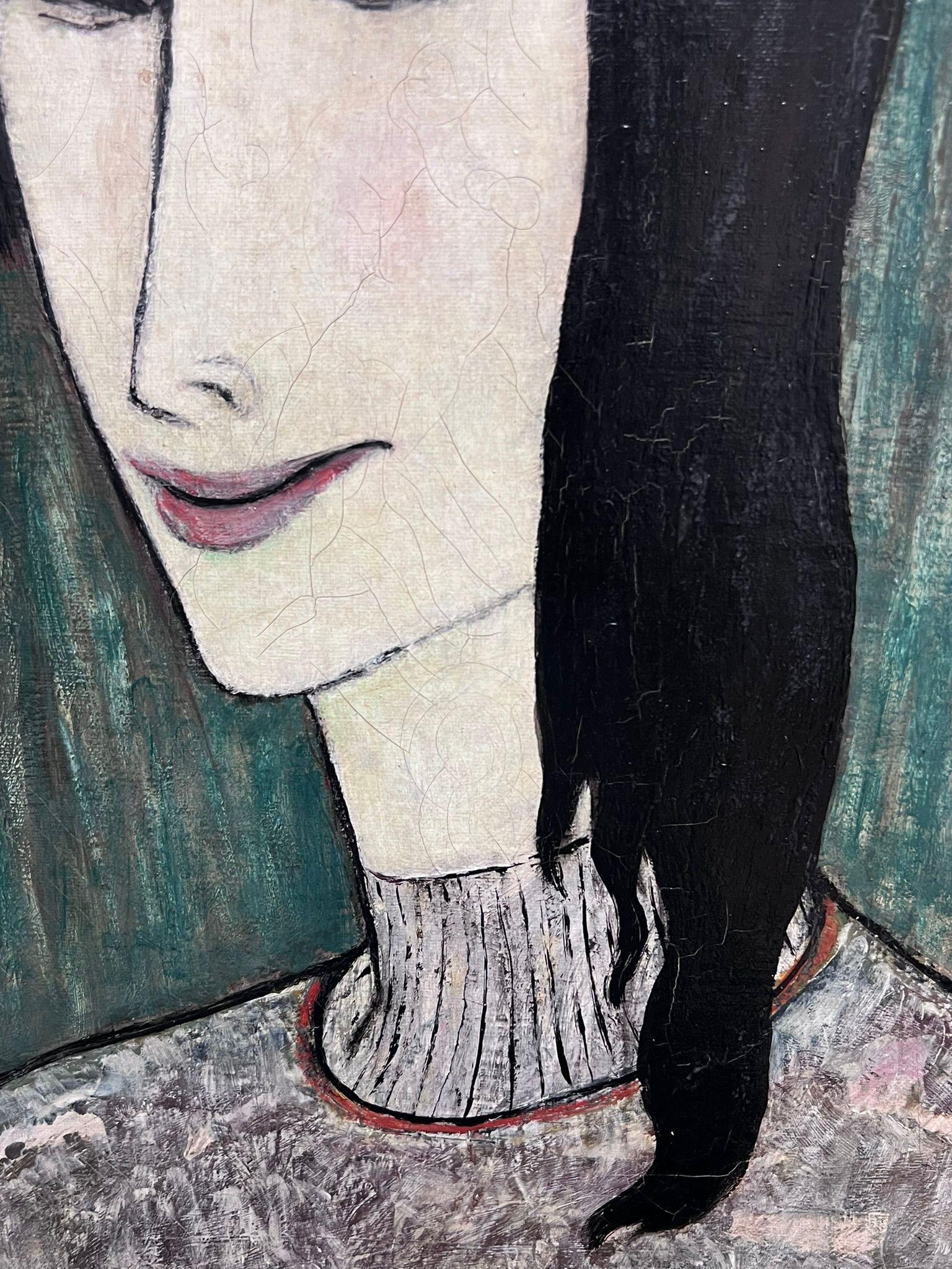 Ritratto modernista francese del 1930 di donna dai capelli neri con frangia, olio firmato - Portrait Painting Nero di Anton Sailer