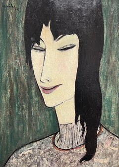 Portrait moderniste français des années 1930 représentant une femme aux cheveux noirs et à franges, signé