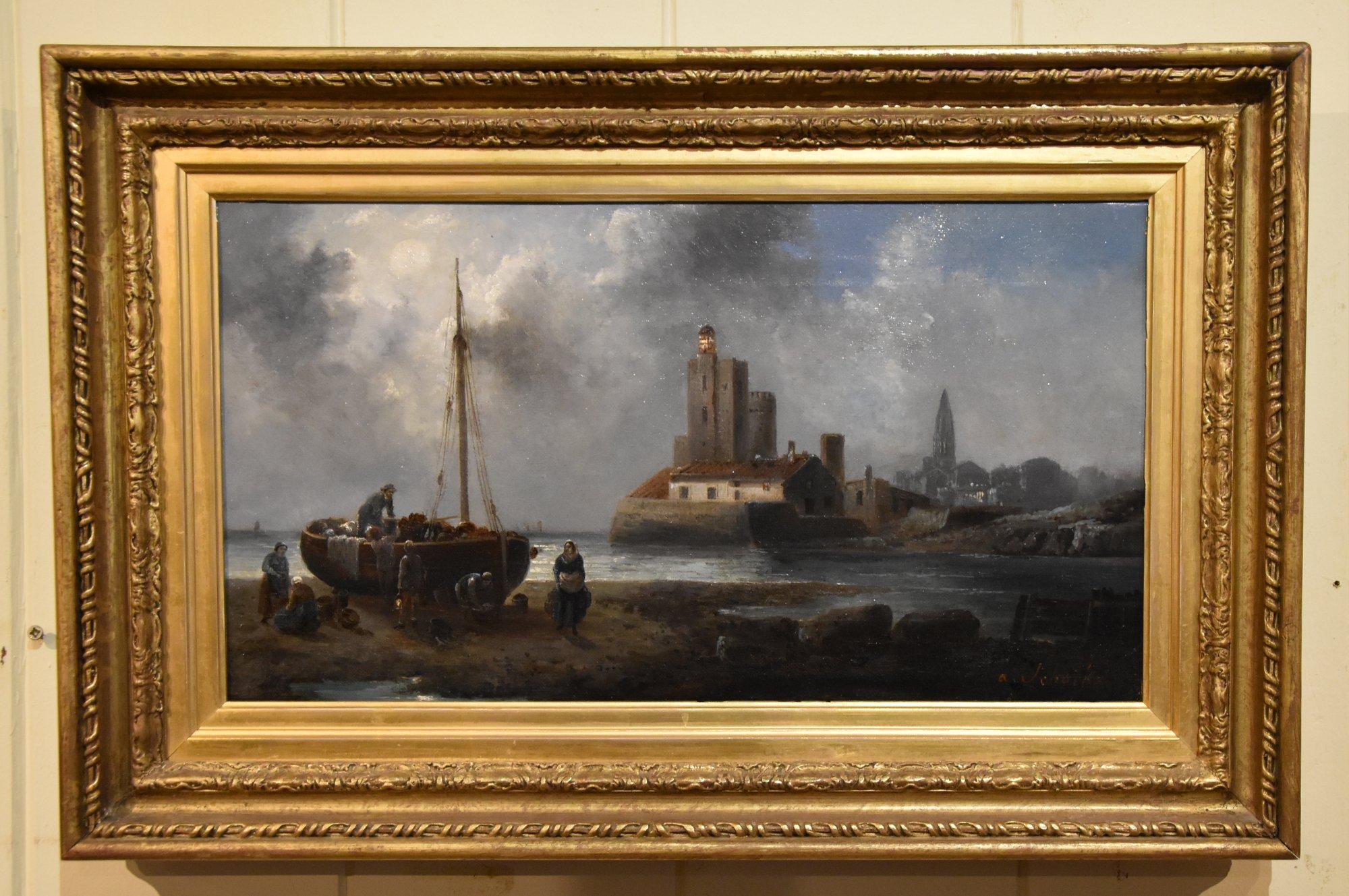 Oil Painting by Anton Schoth "Evening Unloading the Catch"  1859 - 1906 Austrian Painter of Coastal scenes in the Mediterranean and off the Dutch of French coast. Oil on canvas. Signed 

Dimensions unframed 10 x 18 inches
Dimensions framed 15 x 23