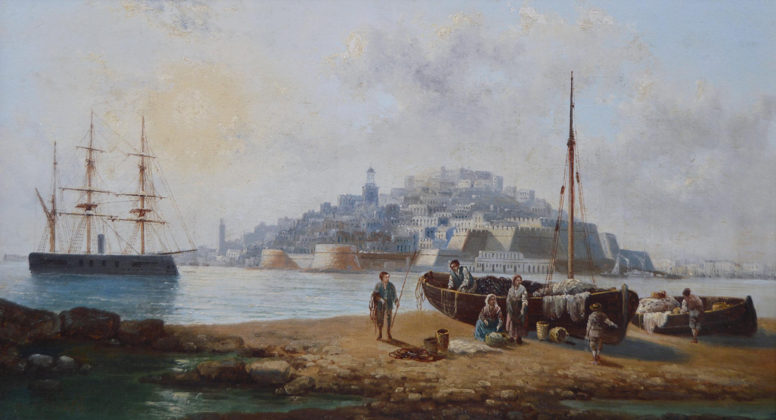 Paire de peintures à l'huile du 19e siècle représentant des paysages marins de Malte et de Constantinople (Istanbul) - Painting de Anton Schoth