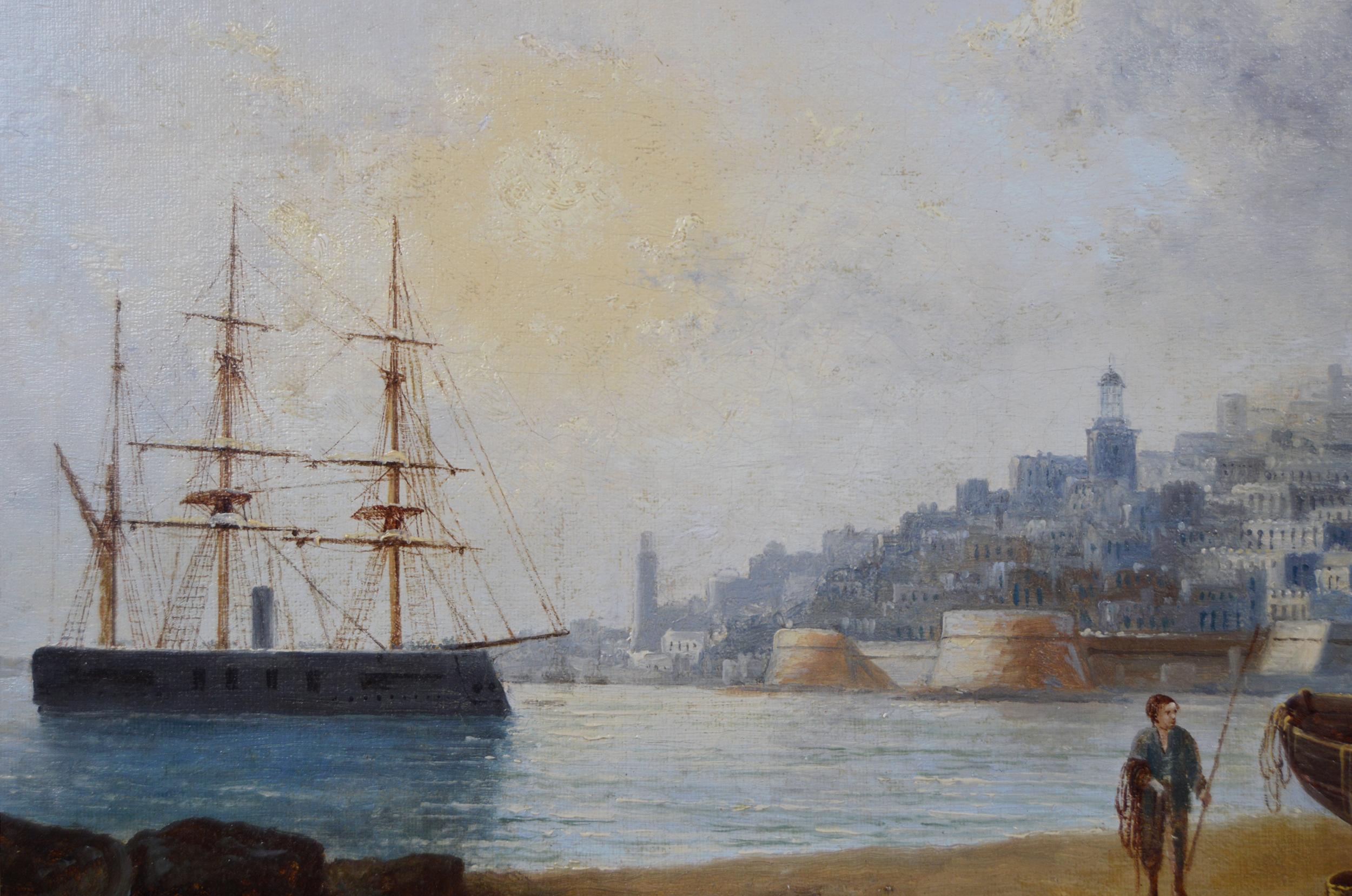 Paar Meereslandschaften-Ölgemälde aus dem 19. Jahrhundert von Malta und Konstantinopel (Istanbul) (Braun), Landscape Painting, von Anton Schoth