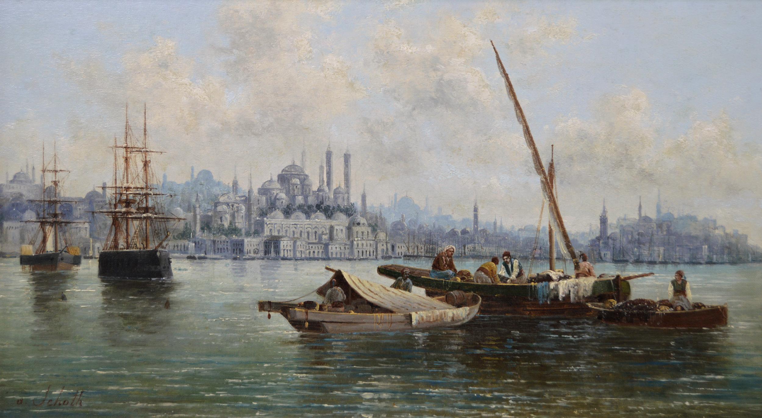 Pair of 19th Century seascape oil paintings of Malta & Constantinople (Istanbul) - Brown Landscape Painting by Anton Schoth
