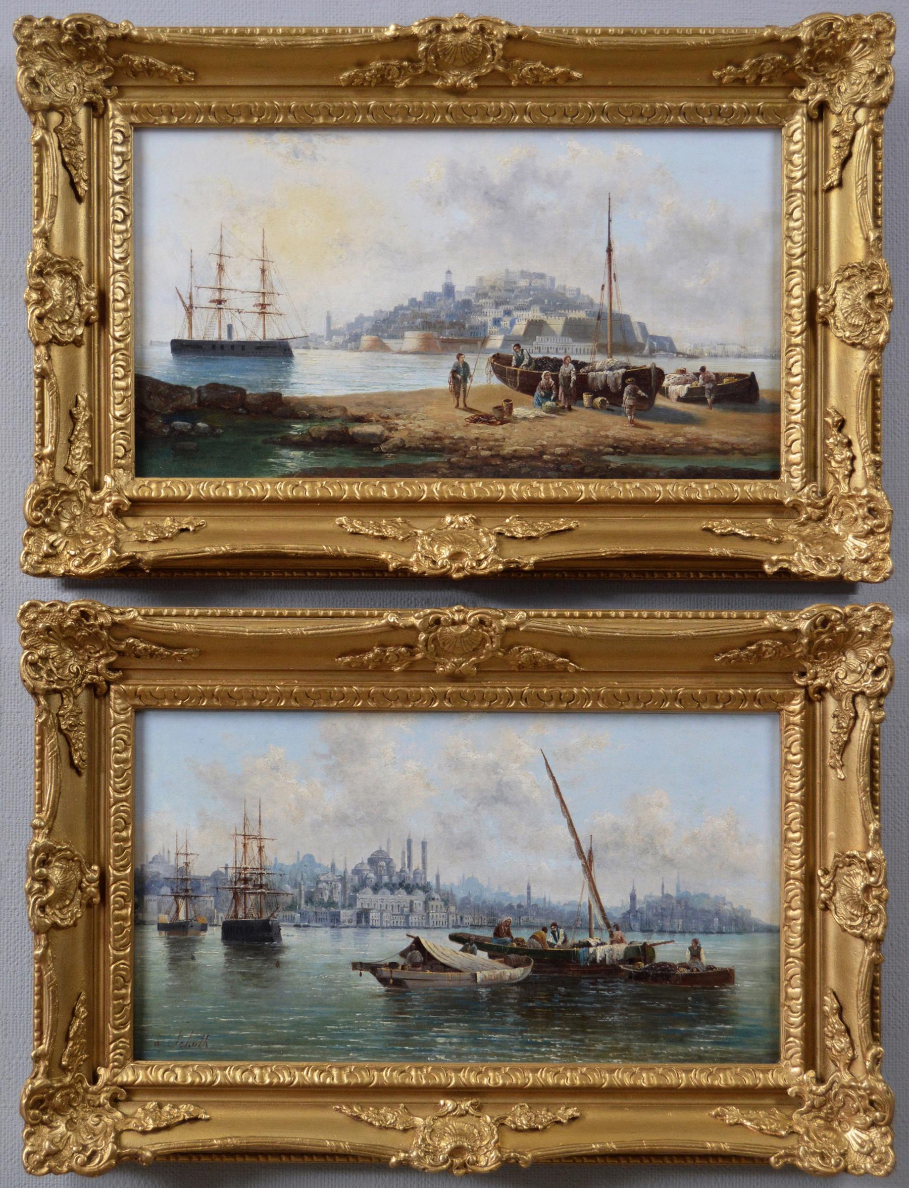 Anton Schoth Landscape Painting – Paar Meereslandschaften-Ölgemälde aus dem 19. Jahrhundert von Malta und Konstantinopel (Istanbul)