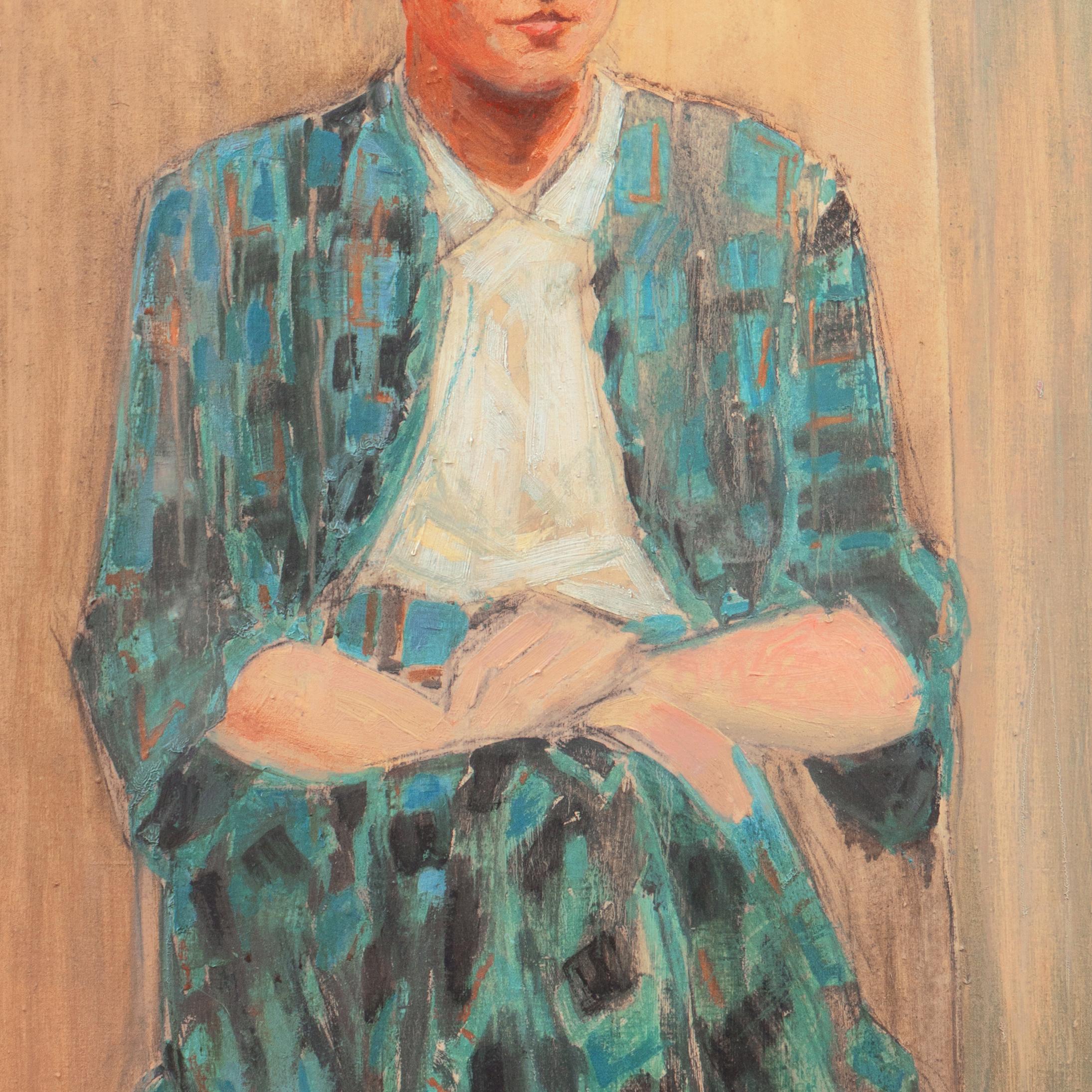 Initialed lower left, 'A.S.' for Anton Schroder (Danish, 1893-1965) and dated 1953.

A substantial, modernist oil painting of a young woman, shown seated and gazing to her left with an expression of gentle amusement.

Anton Schroder first studied at