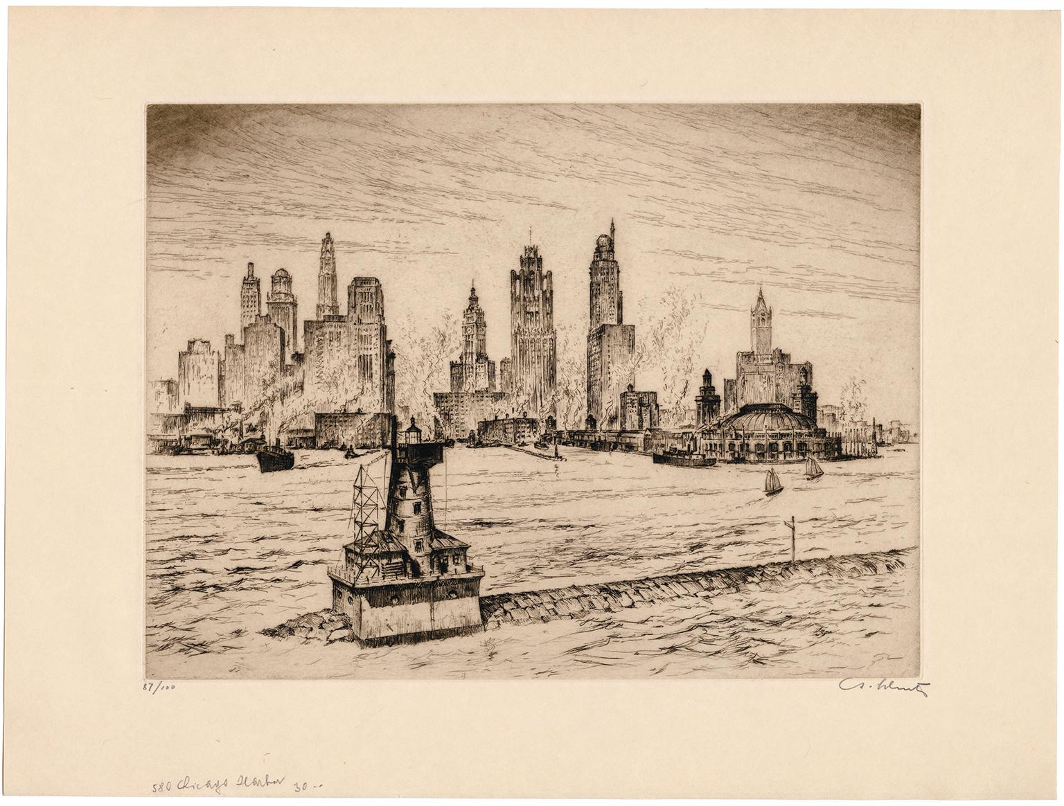 Der Hafen von Chicago - Realismus der 1920er Jahre – Print von Anton Schutz
