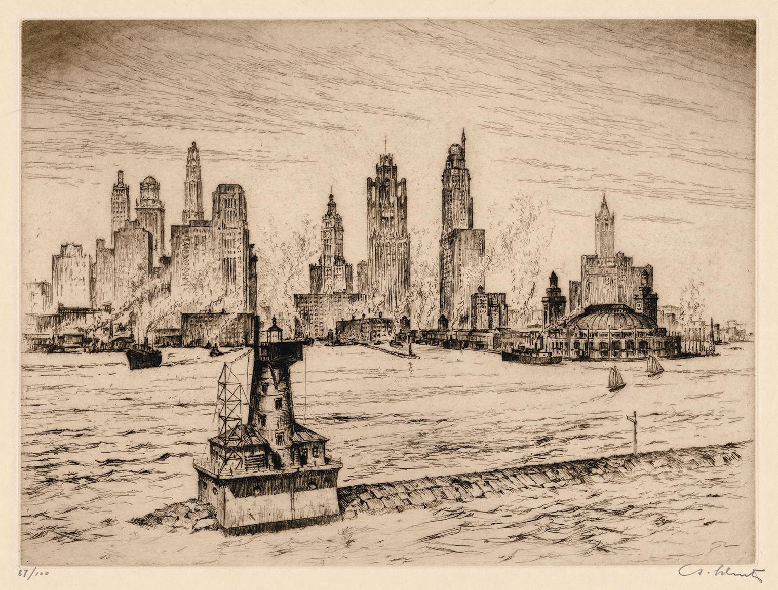 Anton Schutz Landscape Print – Der Hafen von Chicago - Realismus der 1920er Jahre
